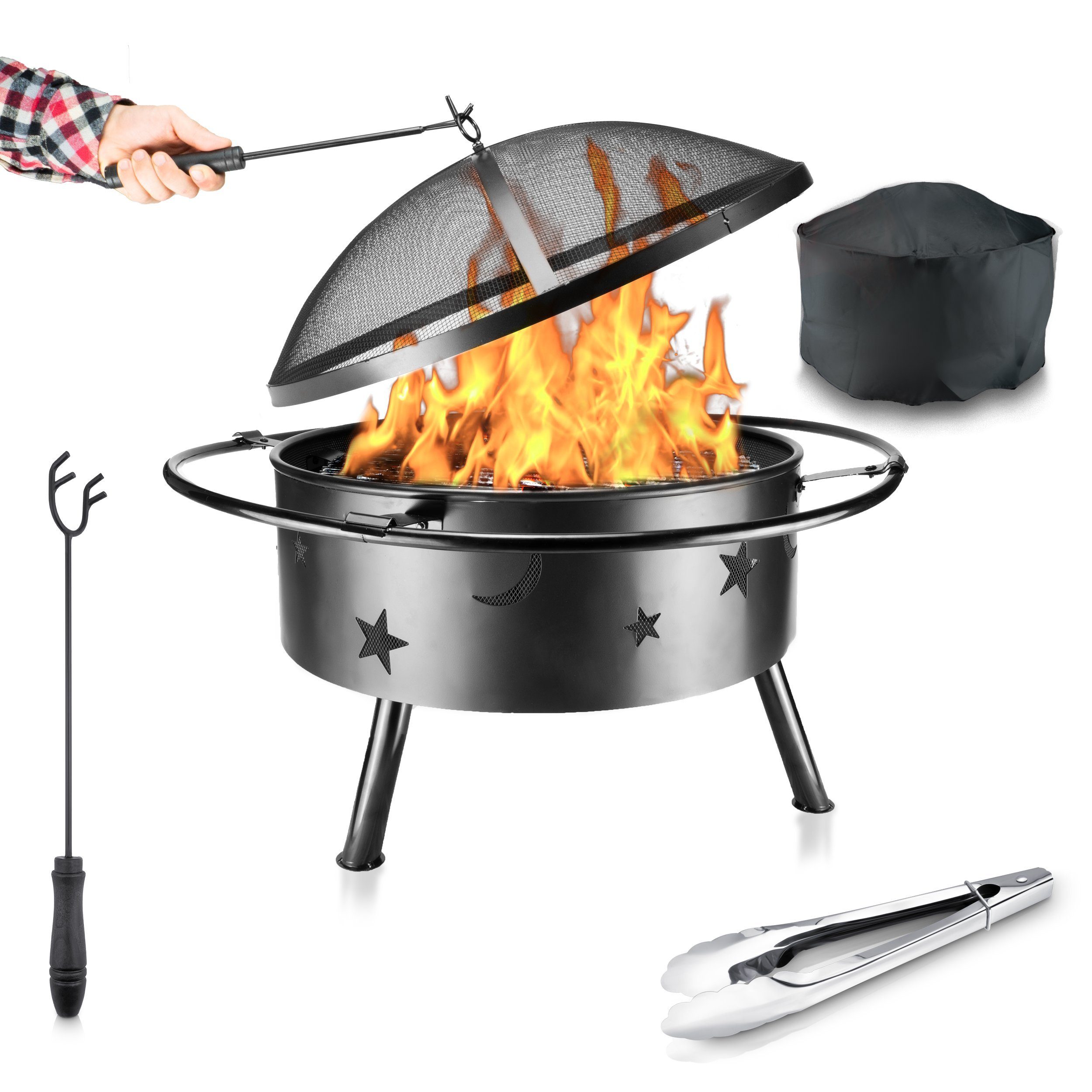 Funkenflug Feuerschale Feuerschale mit Funkenschutz in atemberaubender Mond und Sterne Optik, (Feuerschale inkl. Grillzubehör, Feuerkorb mit Grillrost & Grill Abdeckhaube), - Feuerstelle für geselliges Ambiente -