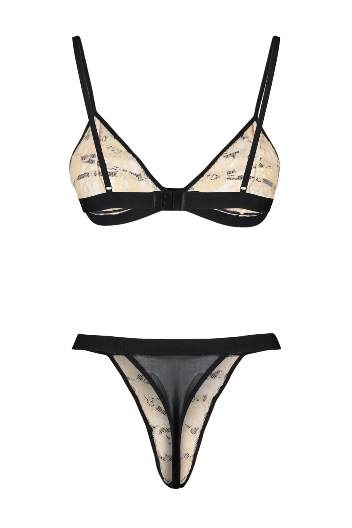 Trendyol Collection  Ecrufarbenes Dessous-Set aus Strick mit Spitzenpaspelierung und String-Trägern THMSS23CC00062