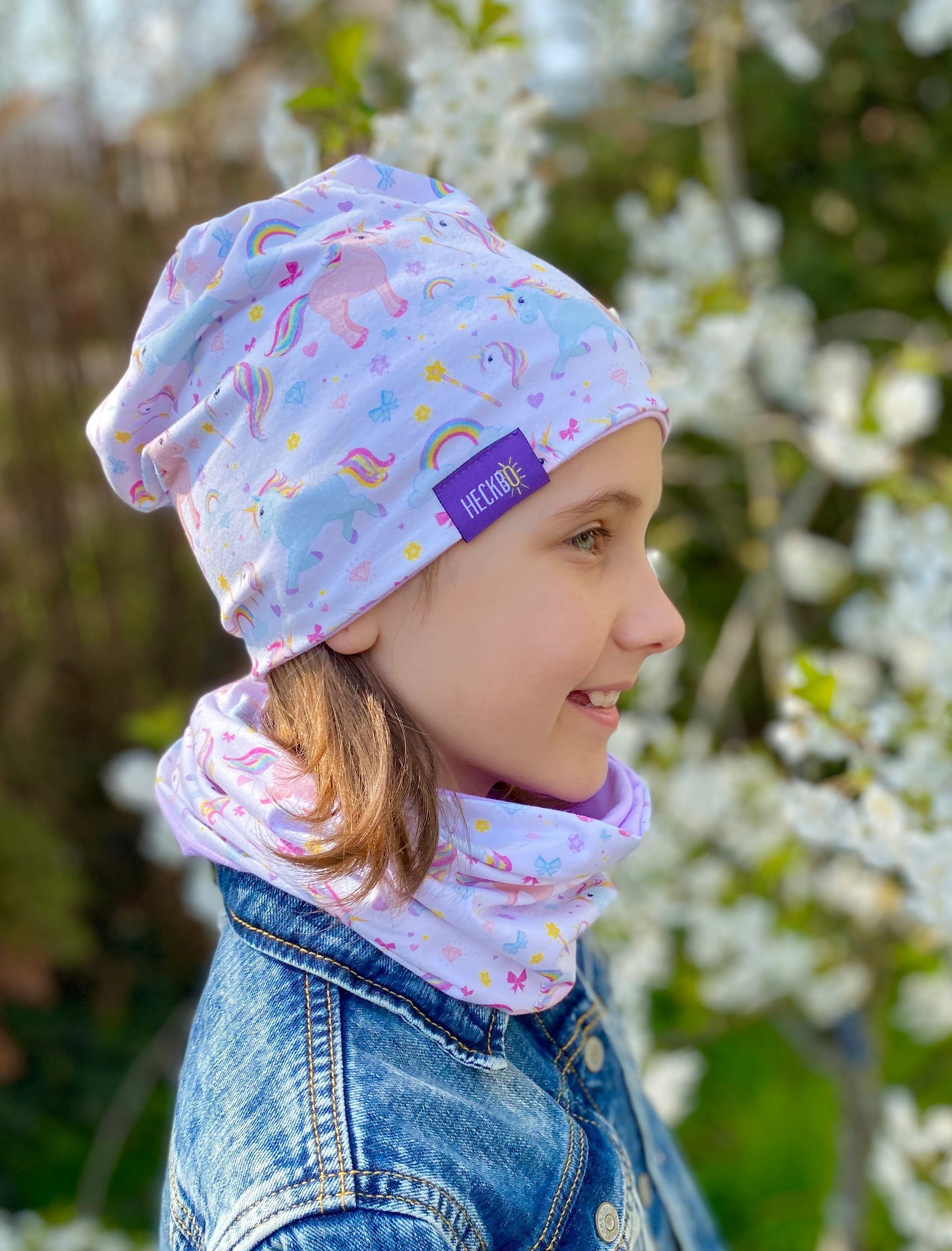 HECKBO Beanie Kinder Jungen Beanie Mütze & Loop-Schal Set - Wendemütze Einhorn Unicorn - 2-8 Jahren - 95% Baumwolle - weiches & pflegeleichtes Stretch-Material