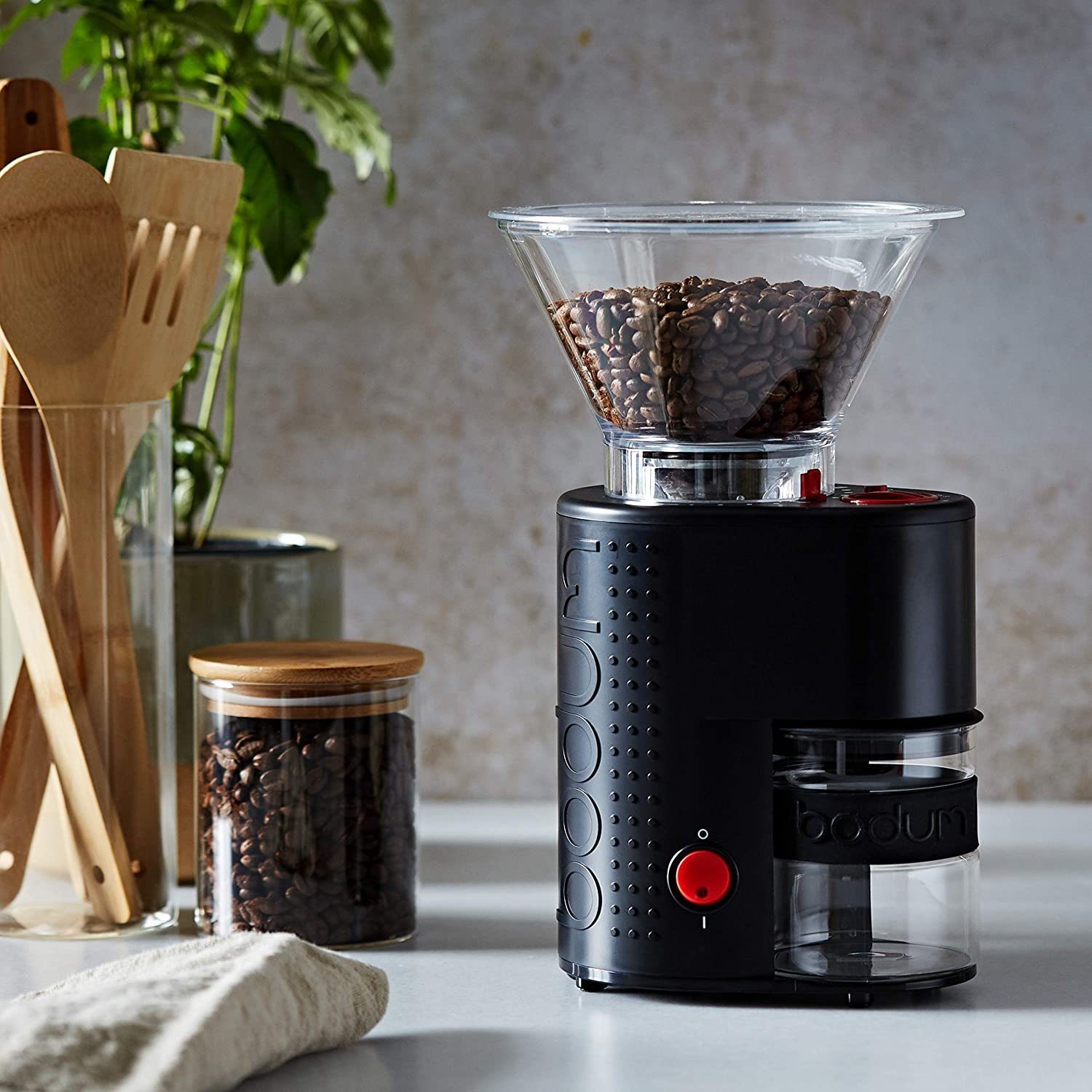 Bodum Kaffeemühle Bistro, elektrische Kaffeemühle, Keramikmahlwerk, 12 Stufen, Mühle, 160 W, Kegelmahlwerk, 220,00 g Bohnenbehälter, Kaffeebohnen Zerkleinerer, Mahlwerk mahlen Bohnenmühle Espressomühle