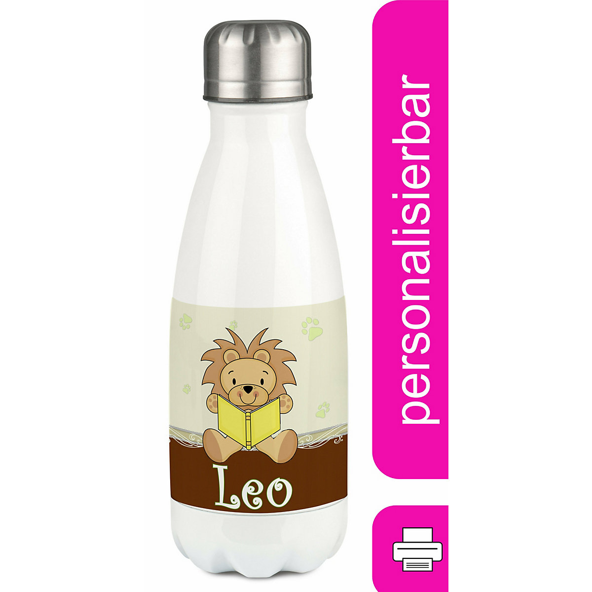 Edelstahl Kinder Thermoflasche / Trinkflasche bunt Leselöwe Farbe braun Spülmaschinenfest, Auslaufsicher, Bruchfest, Doppelwandig, Für Heißgetränke geeignet, Mit Deckel, Isoliert