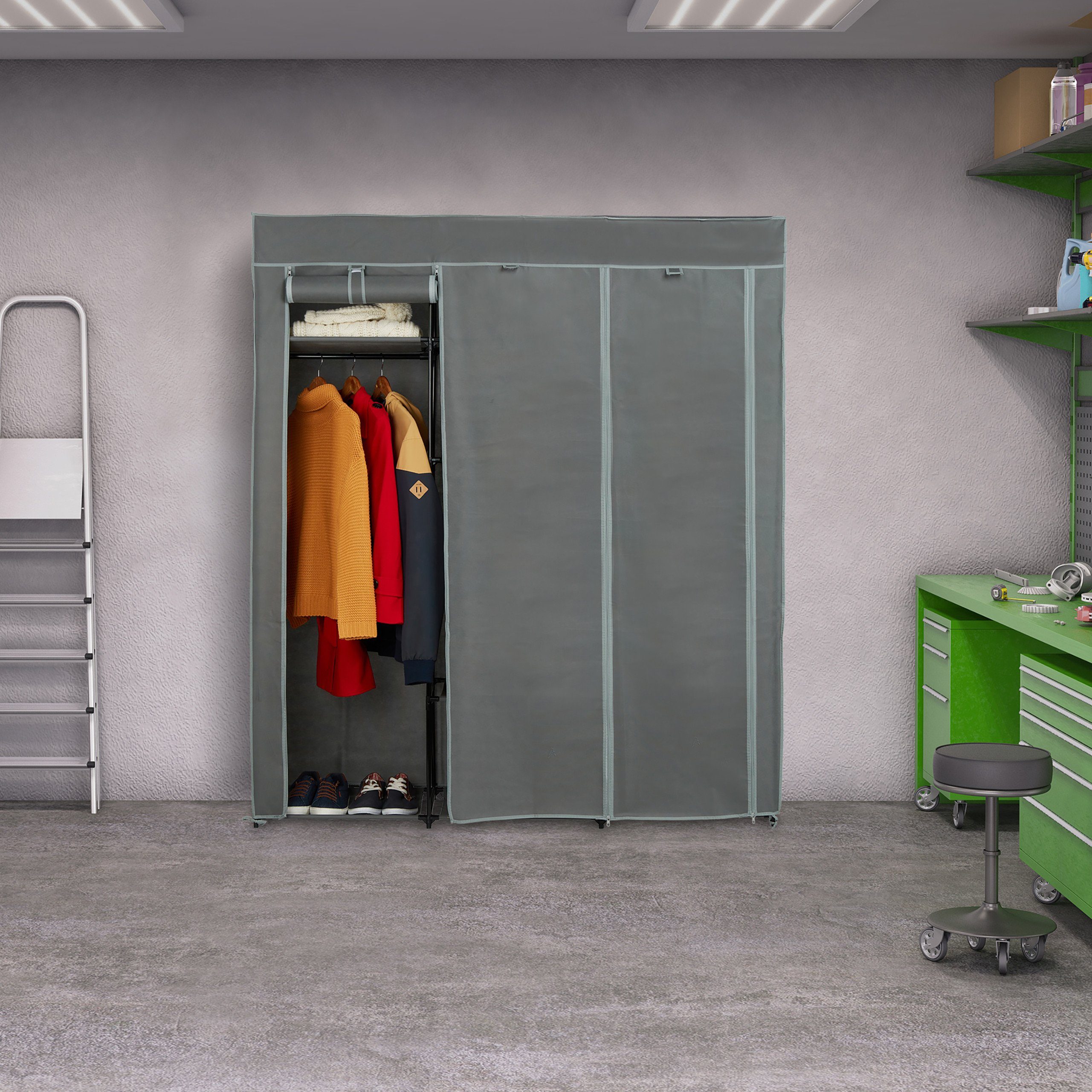 relaxdays Stoffschrank XXL Stoffschrank mit 2 Kleiderstangen Anthrazit