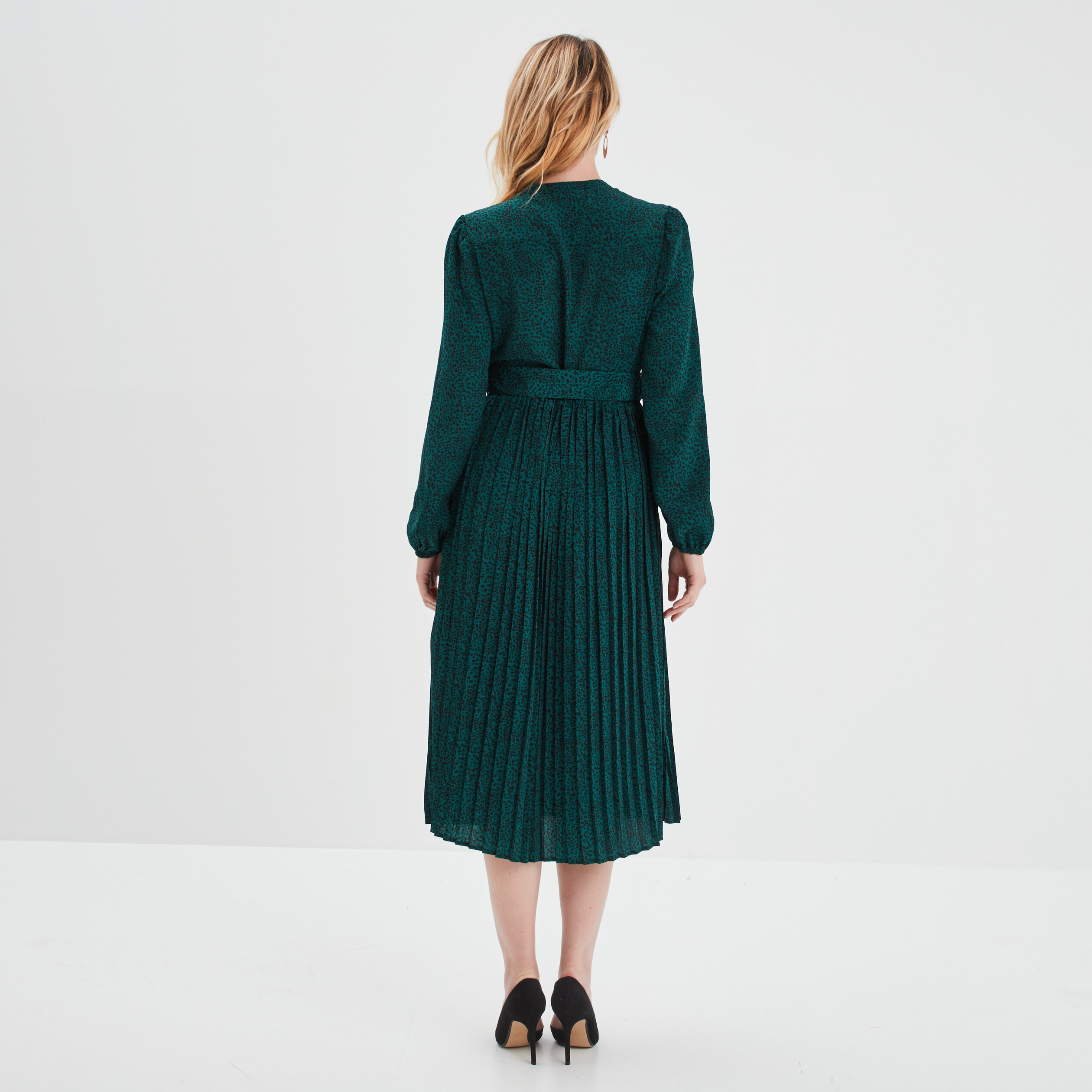 Robe chemise plissée midi col mao vert foncé femme | La Halle