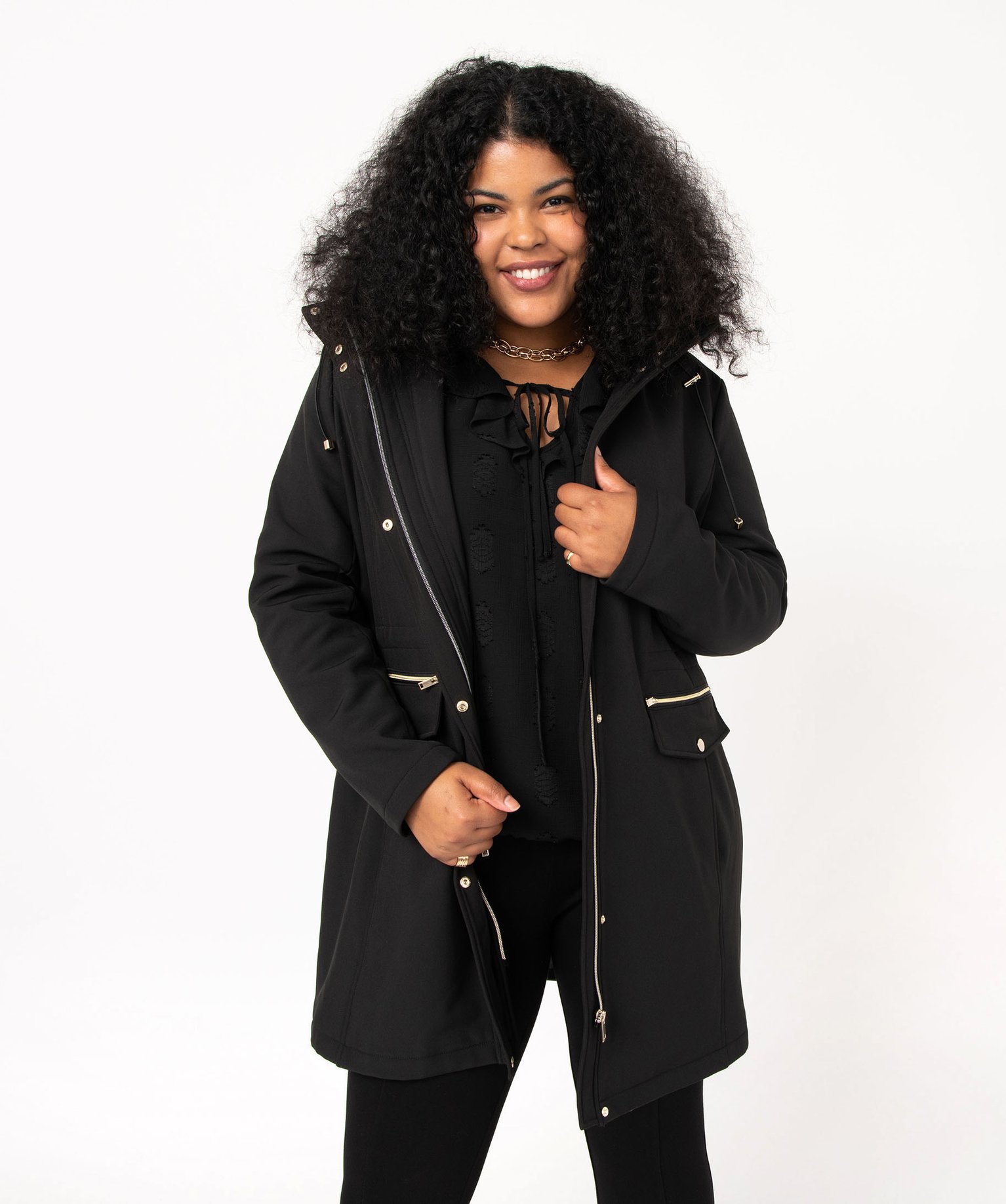 Manteau femme à capuche fantaisie et détails métalliques noir | GEMO