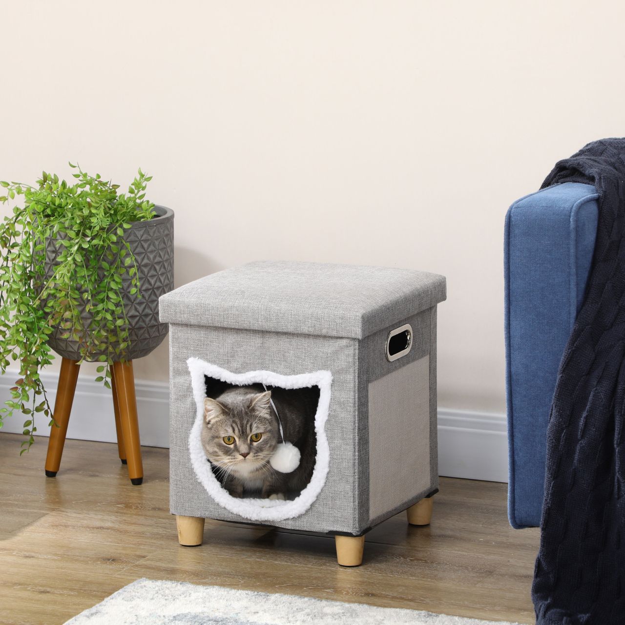 PawHut Katzenhöhle, Katzenhaus mit Kissen Ottomane mit Spielball Polyester, Grau