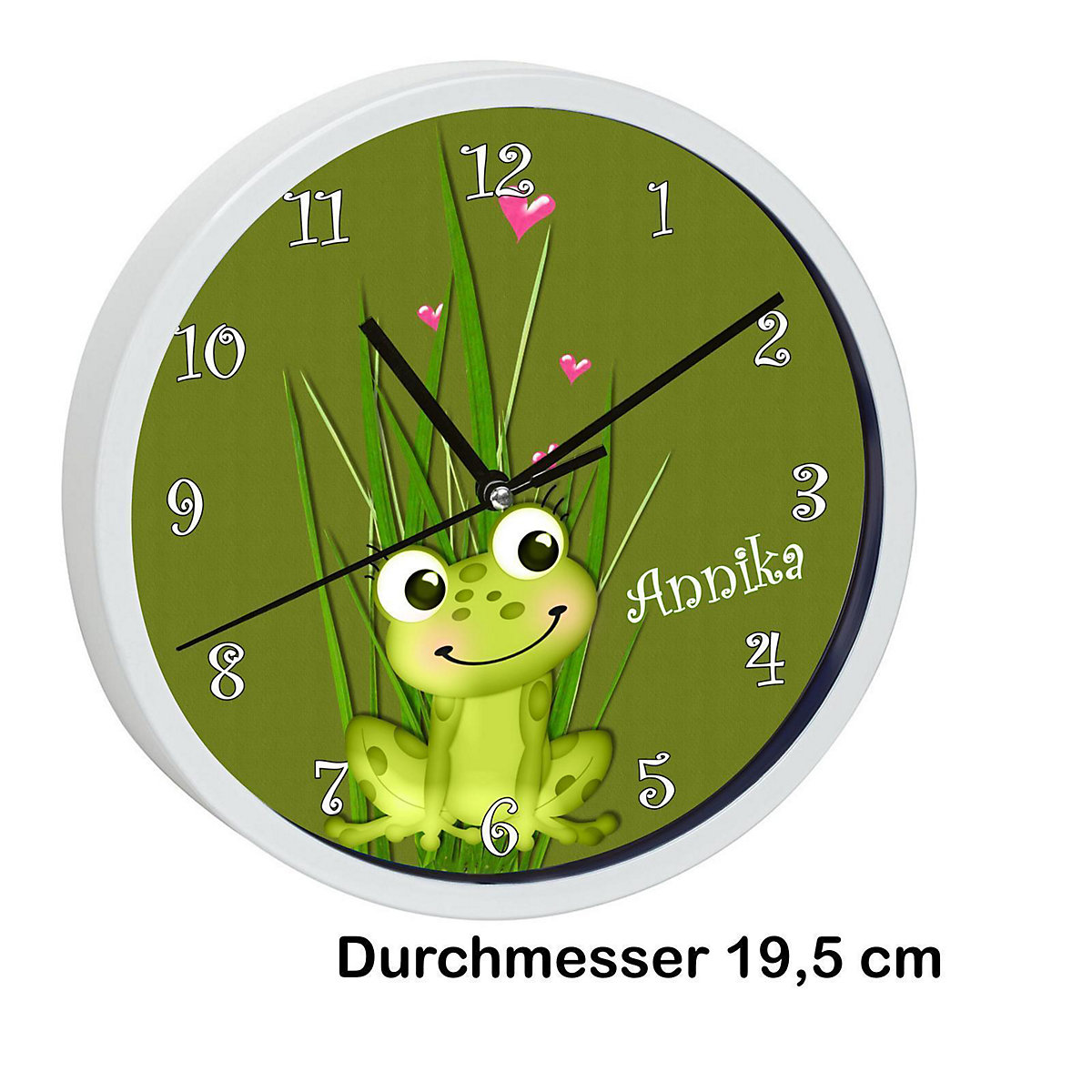 Kinder Wanduhr laufruhig personalisiert mit Name Frosch-Graß