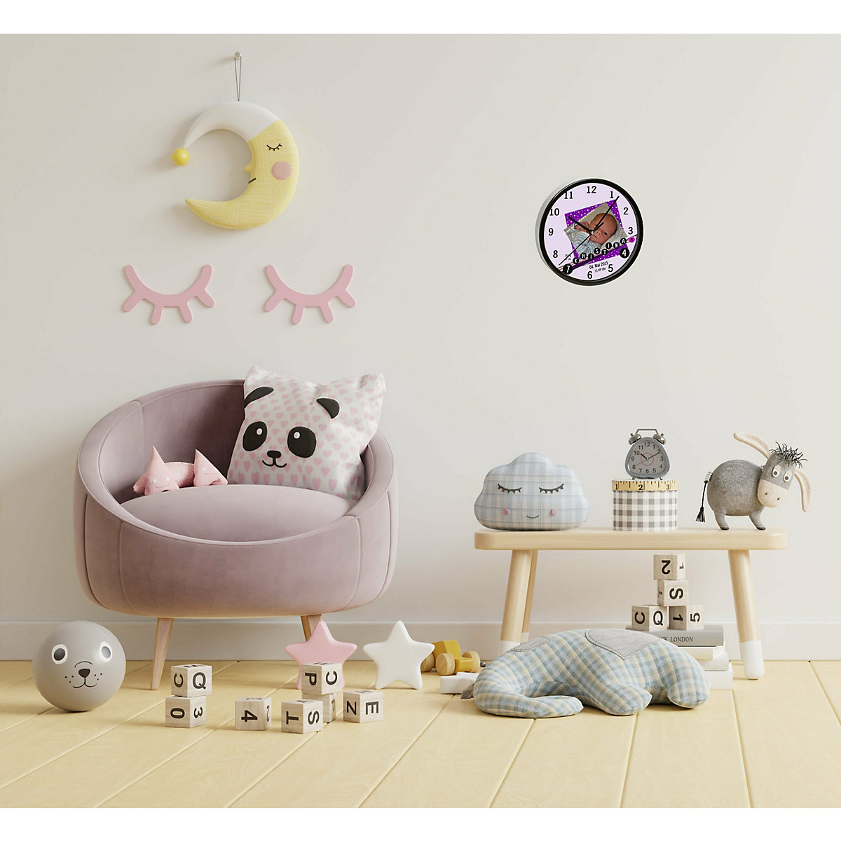 Kinder Wanduhr laufruhig personalisiert mit Name Scrapbooking lila