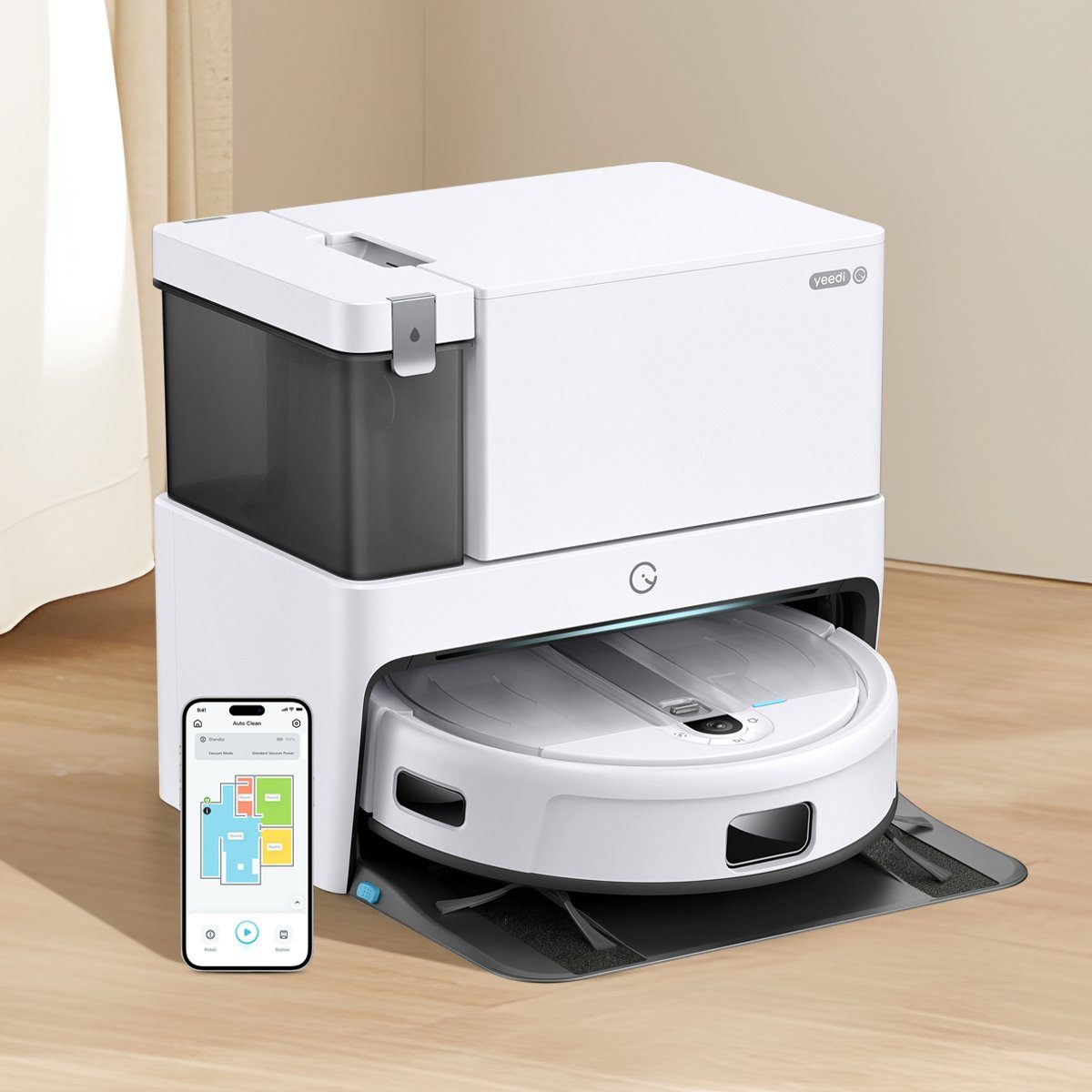 YEEDI Nass-Trocken-Saugroboter aus ECOVACS, Cube, 5100 Pa, automatisches Anheben der Wischplatte, 80,00 W, beutellos, selbstwaschend & selbsttrocknend & selbstentleerend