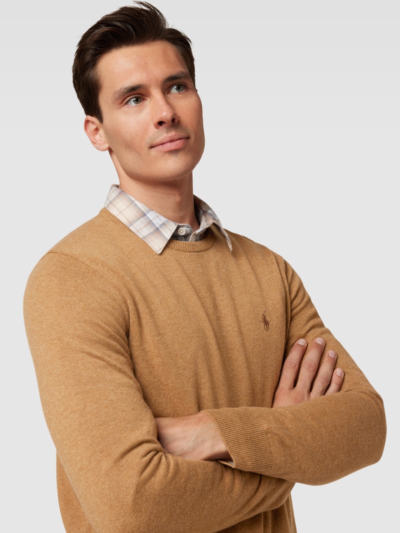 Strickpullover aus Wolle mit Logo-Stitching in hellbraun
