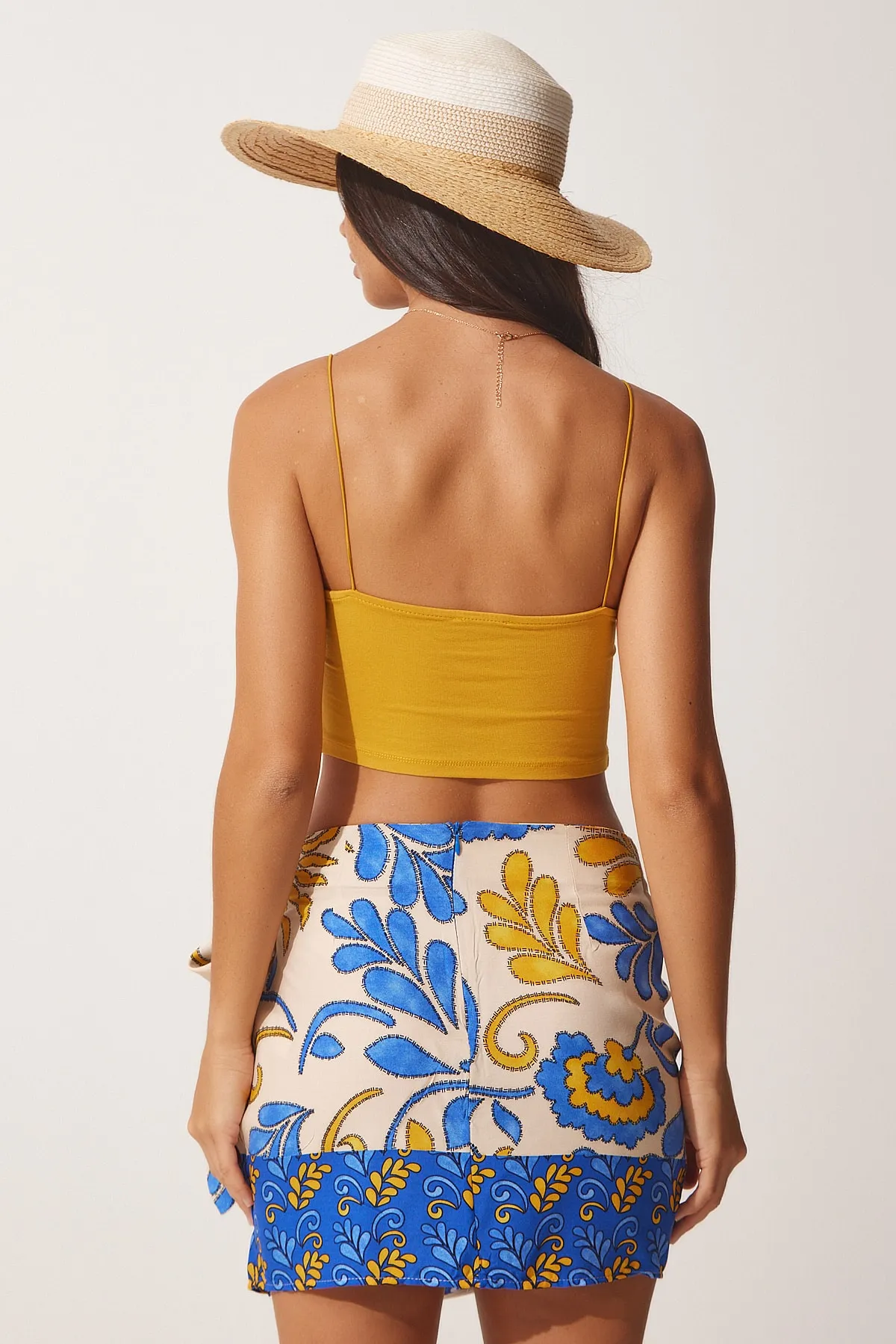Happiness İstanbul  Damen-Bustier mit dunkelgelben Trägern und Strickmuster LI00001