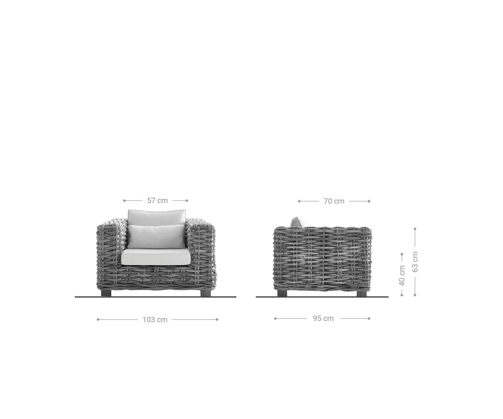 DELIFE Gartensessel Nizza, white washed 103x95 cm aus Rattan mit Kissen weiß Loungesessel