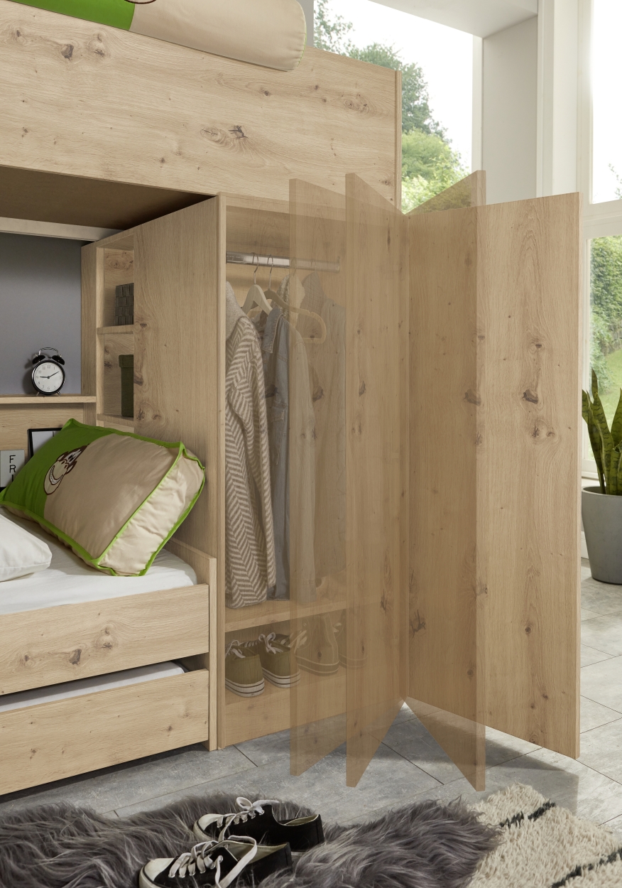 Relita Etagenbett Sina 2 LF á 90x200 cm, m. Kleiderschrank (o. Bettschublade), Eiche Artisan Dekor