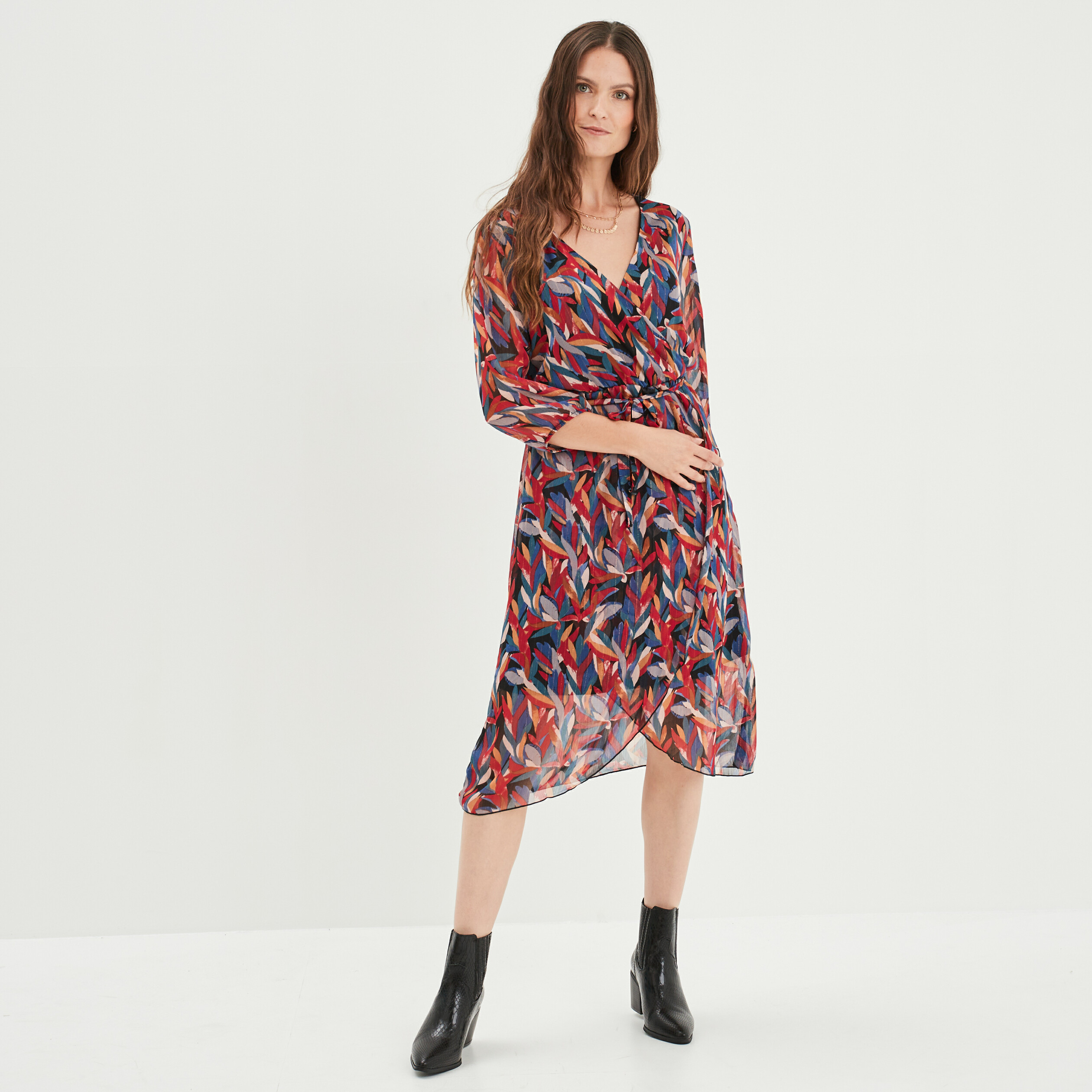 Robe midi fluide col cache-coeur noir femme | La Halle