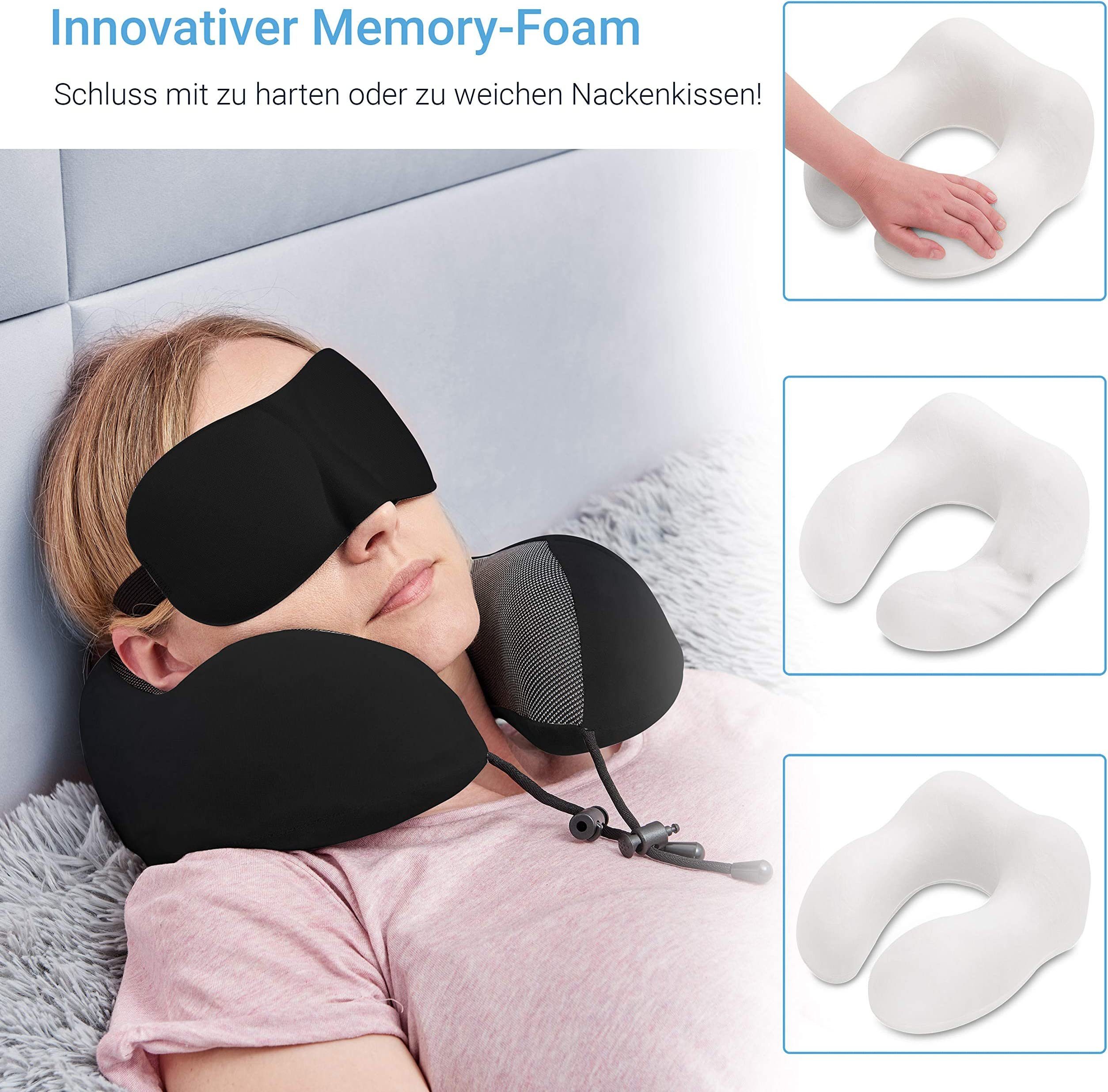 Nackenstützkissen Reise Nackenkissen Memory Foam + GRATIS Zubehör, Komprimierbar, MNT10, Nackenhörnchen Memoryschaum + GRATIS Schlafmaske