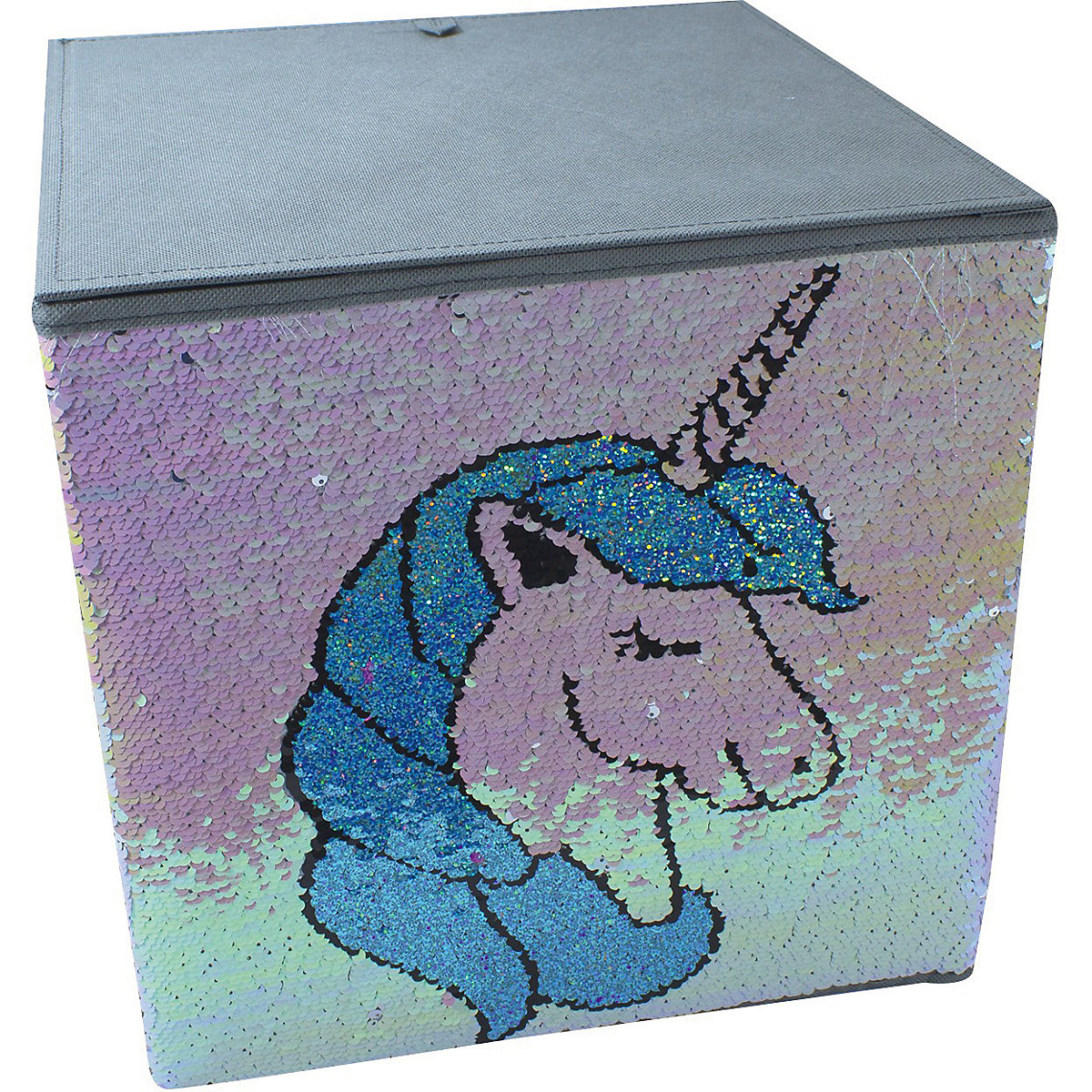 Aufbewahrungsbox Streichpailletten Einhorn rosa/blau, ohne Deckel, 32 x 32 x 32 cm