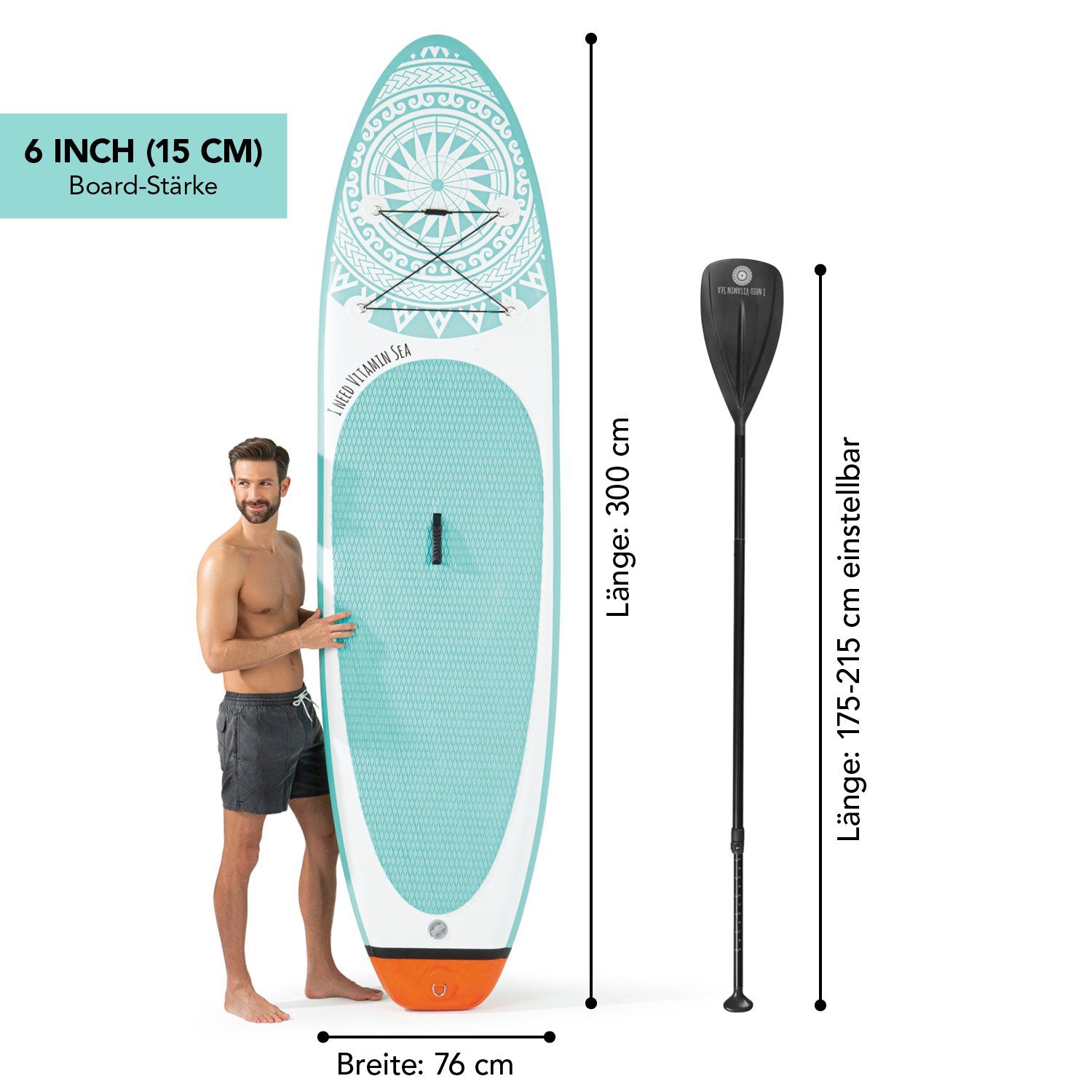 EASYmaxx Inflatable SUP-Board Stand Up Paddle Board - komplett Set, 300 cm, 110kg, inkl. Paddle und Zubehör