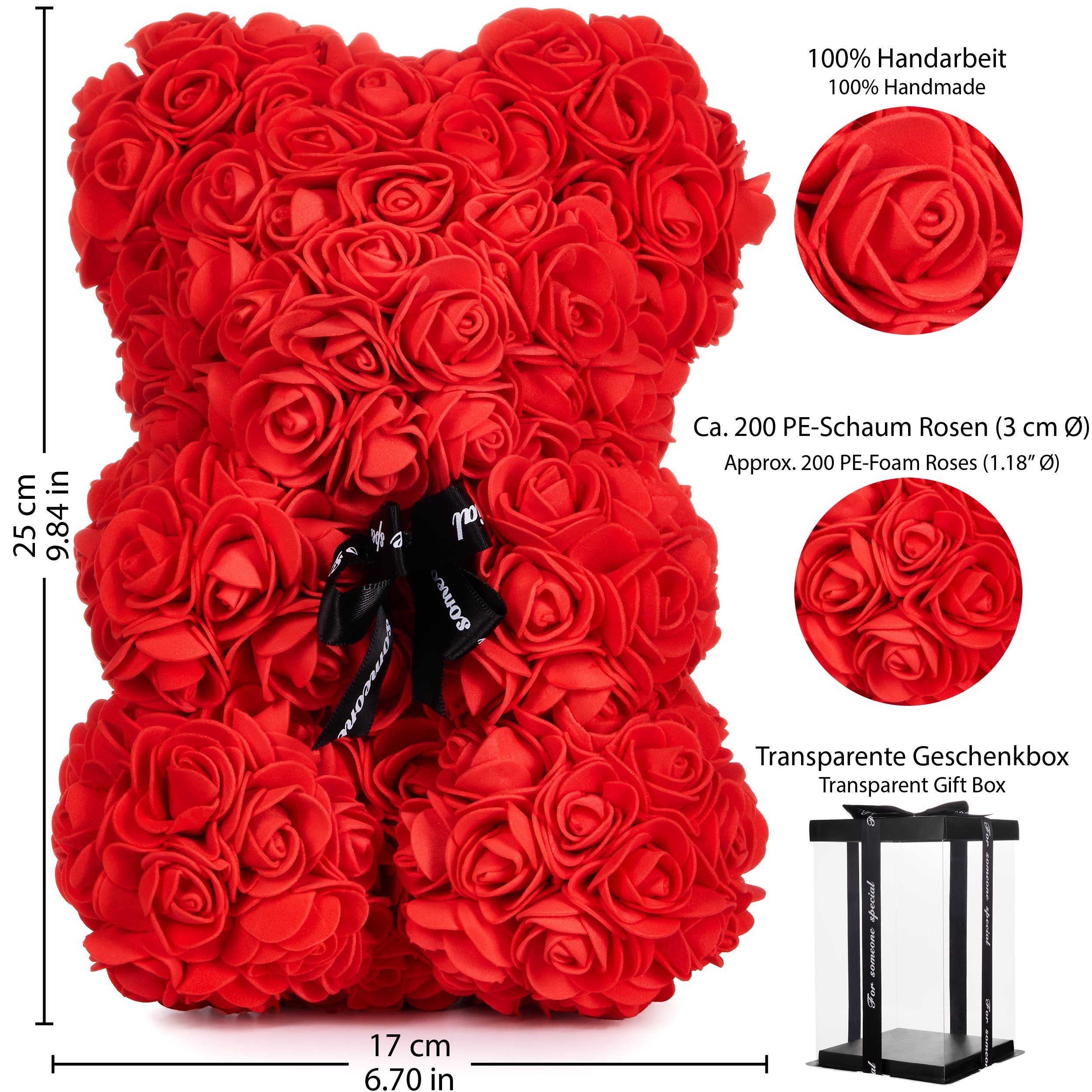 Kunstblume Rosenbär in Geschenkbox mit Schleife - Valentinstagsgeschenk Kunstblumenfigur, BRUBAKER, Höhe 25 cm, Rosen Bär, Blumen Teddy Geschenk Valentinstag, Rosen Teddybär