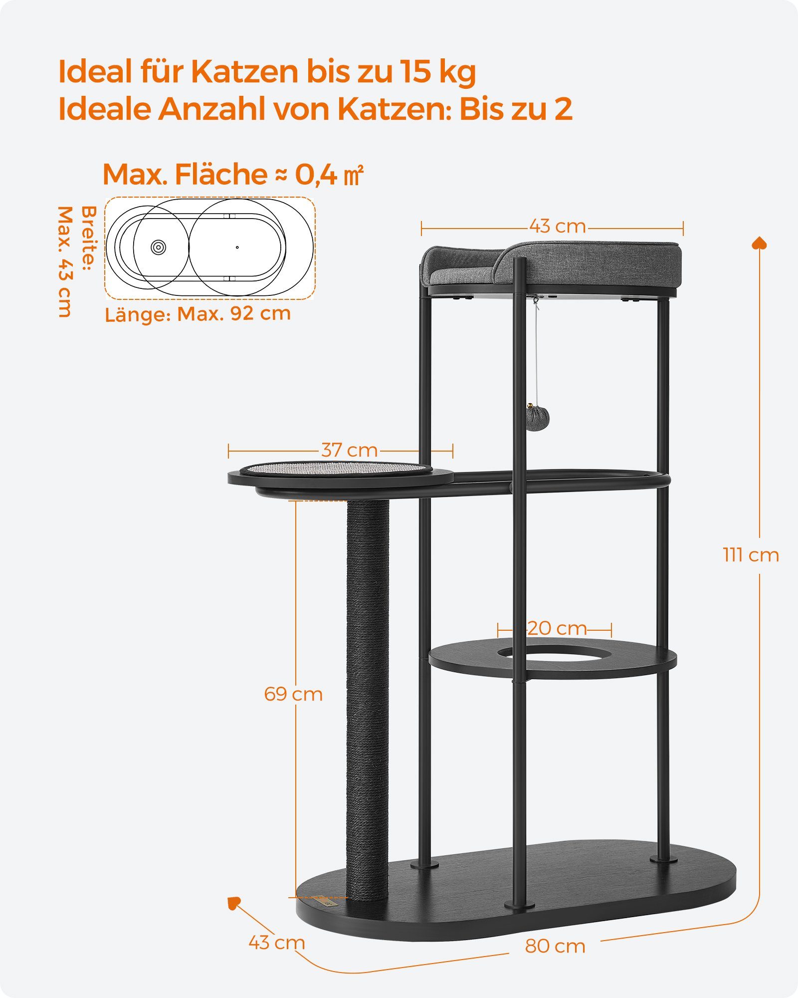 FEANDREA Kratzbaum, modern,Metallrohre,mit Kissen,Sisalstamm,Katzenspielball