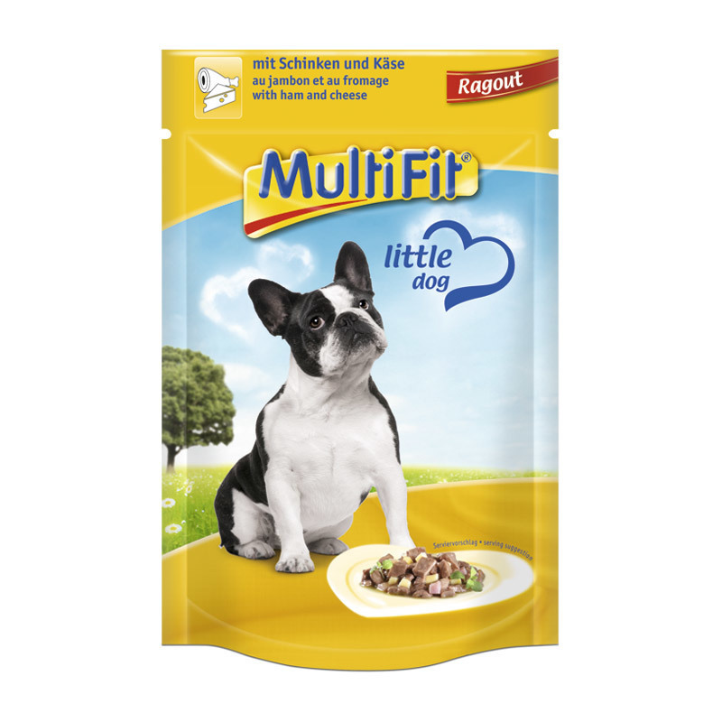 MultiFit Hundenassfutter MultiFit Adult Little Dog Pouch Ragout 24x100g Schinken & Käse