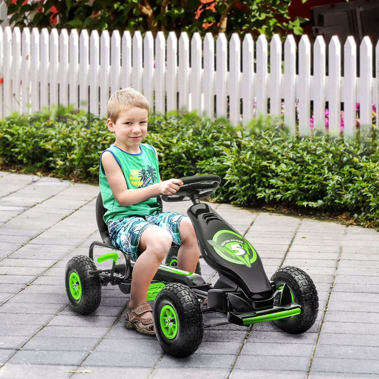 HOMCOM Gokart, Kinderfahrzeug mit Pedal, Tretauto, Outdoor, Grün Schwarz