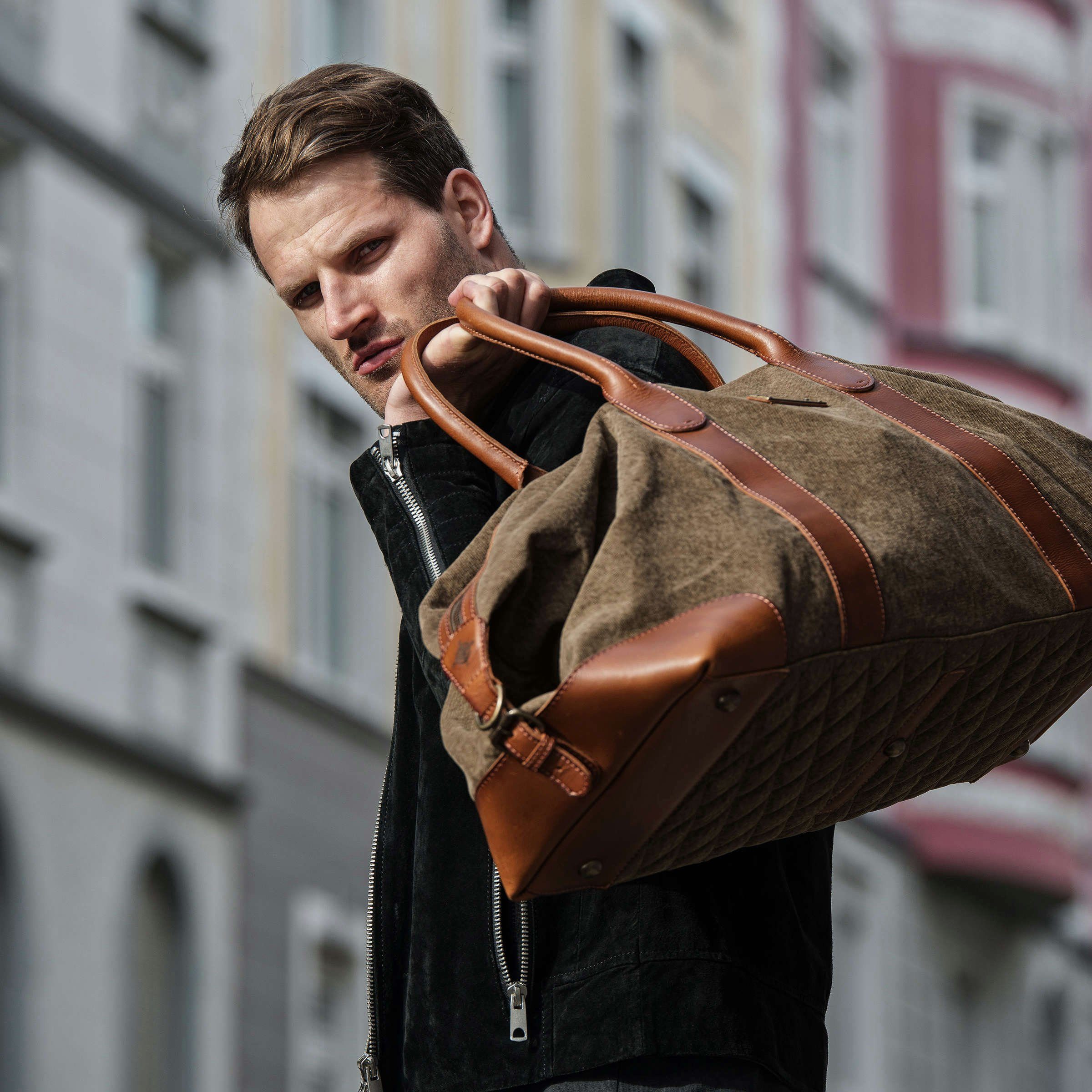 DRAKENSBERG Reisetasche Weekender David (L) Oliv-Grün, Herren, Damen, im Vintage-Design, Canvas und Büffelleder, handgemacht