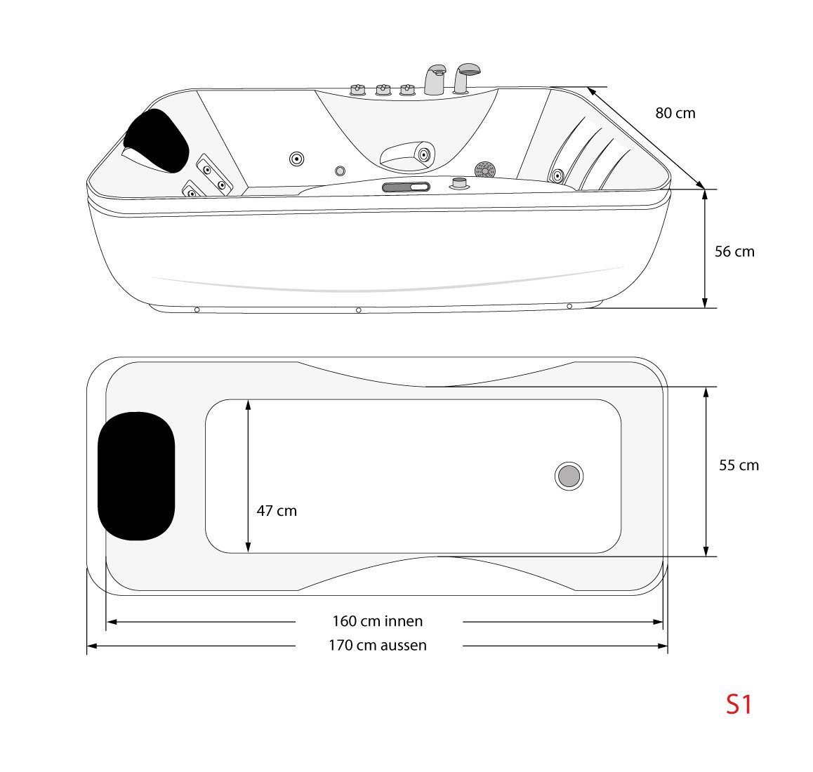 AcquaVapore Whirlpool-Badewanne Whirlpool Pool Badewanne Wanne W49H-PR 170x80cm