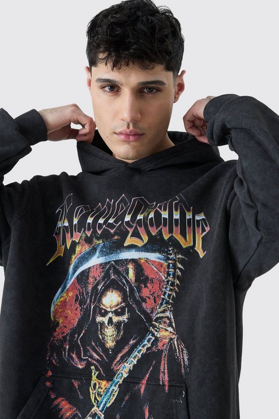 Oversize Hoodie mit Acid-Waschung und Totenkopf-Print
