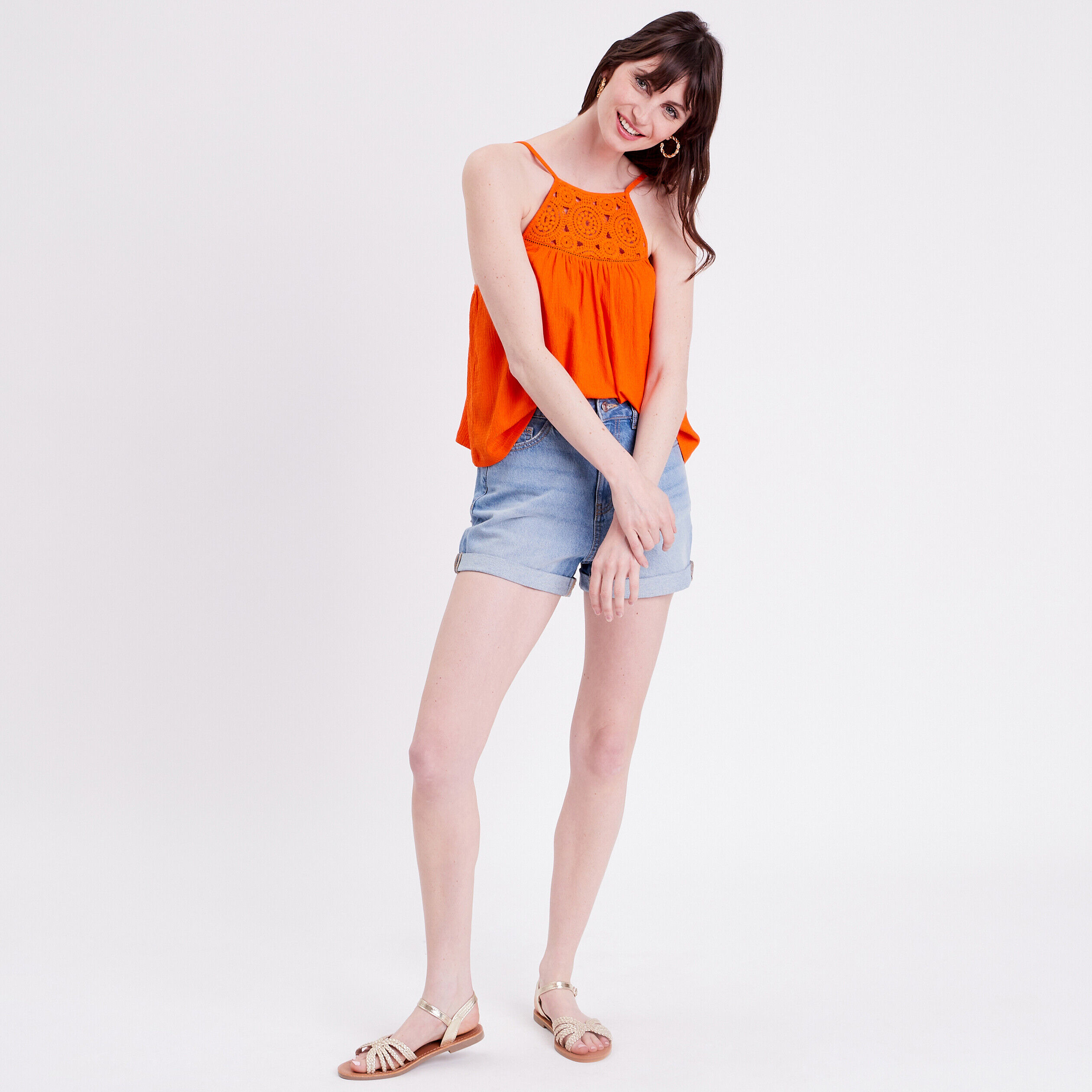 Débardeur col macramé orange femme | Cache Cache
