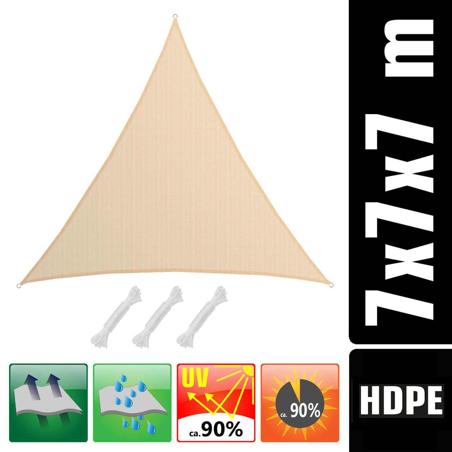 AMANKA Sonnensegel Sonnensegel HDPE Dreieck UV Sonnenschutz Plane, 7x7x7 m Balkon Garten Beige