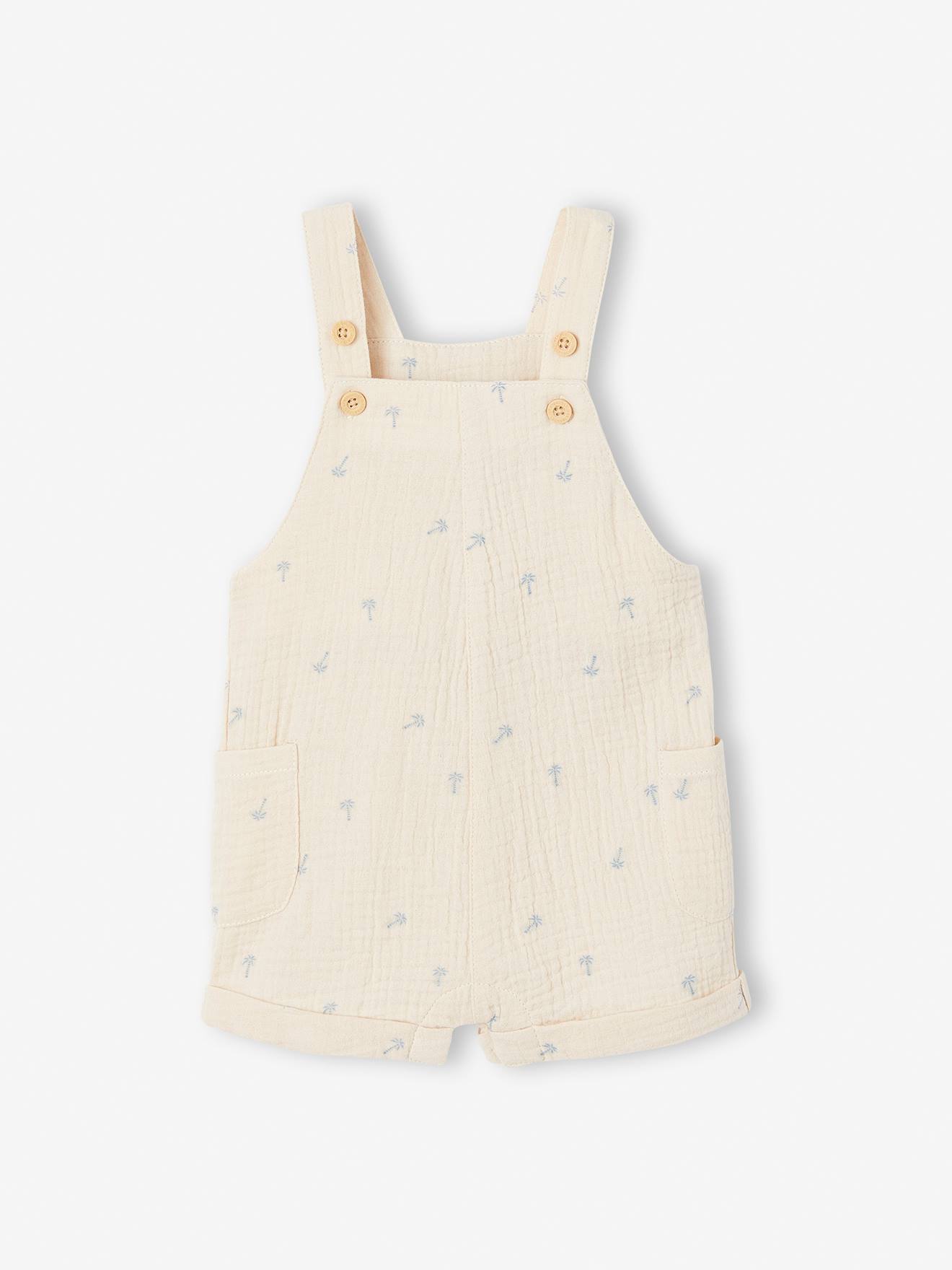Salopette courte bébé en gaze de coton beige