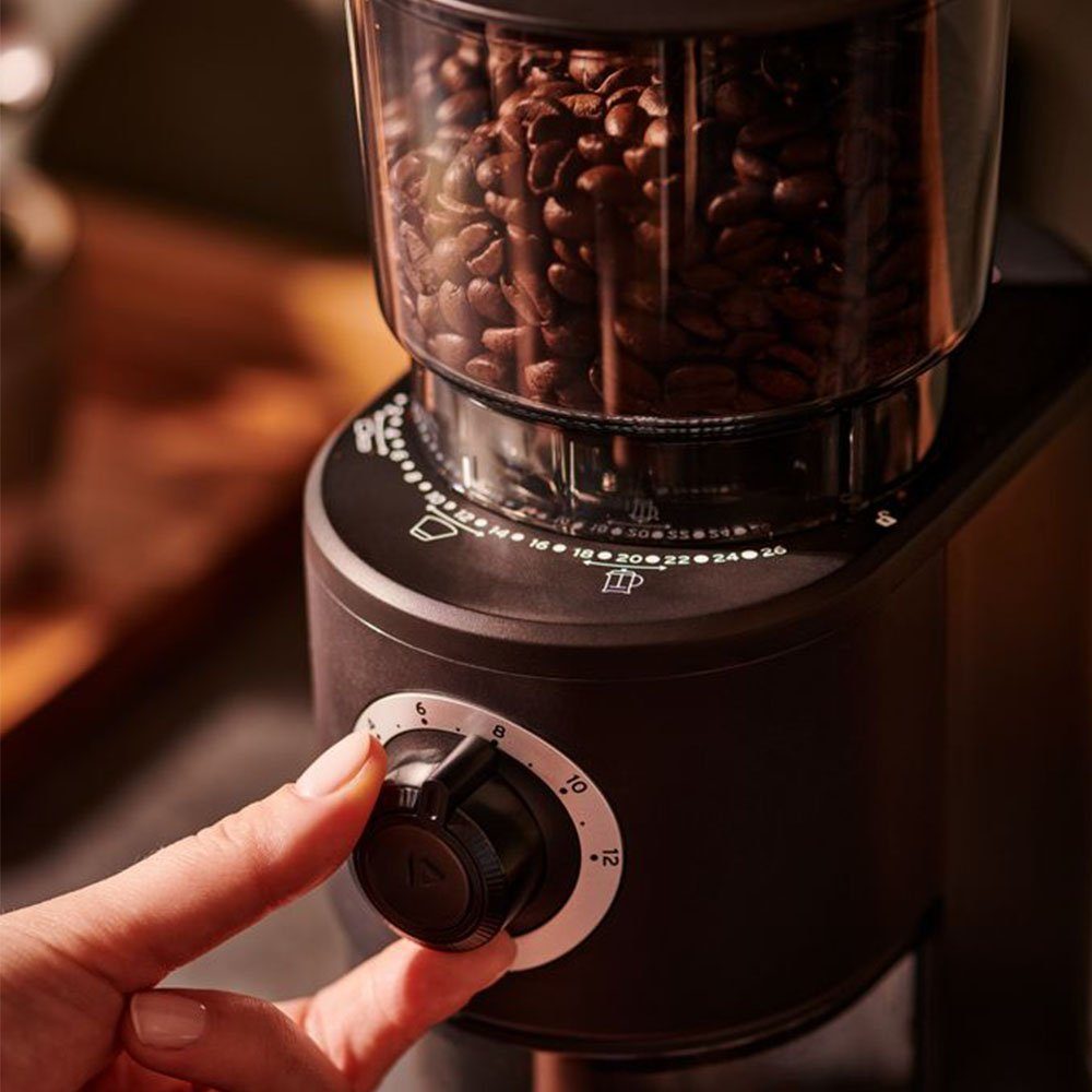 Tchibo Kaffeemühle elektrisch mit hochwertigem Kegelmahlwerk 160W, 160 W, 150 g Bohnenbehälter, fein bis grob, 12-Tassen Fassungsvermögen, robuste Edelstahlklingen