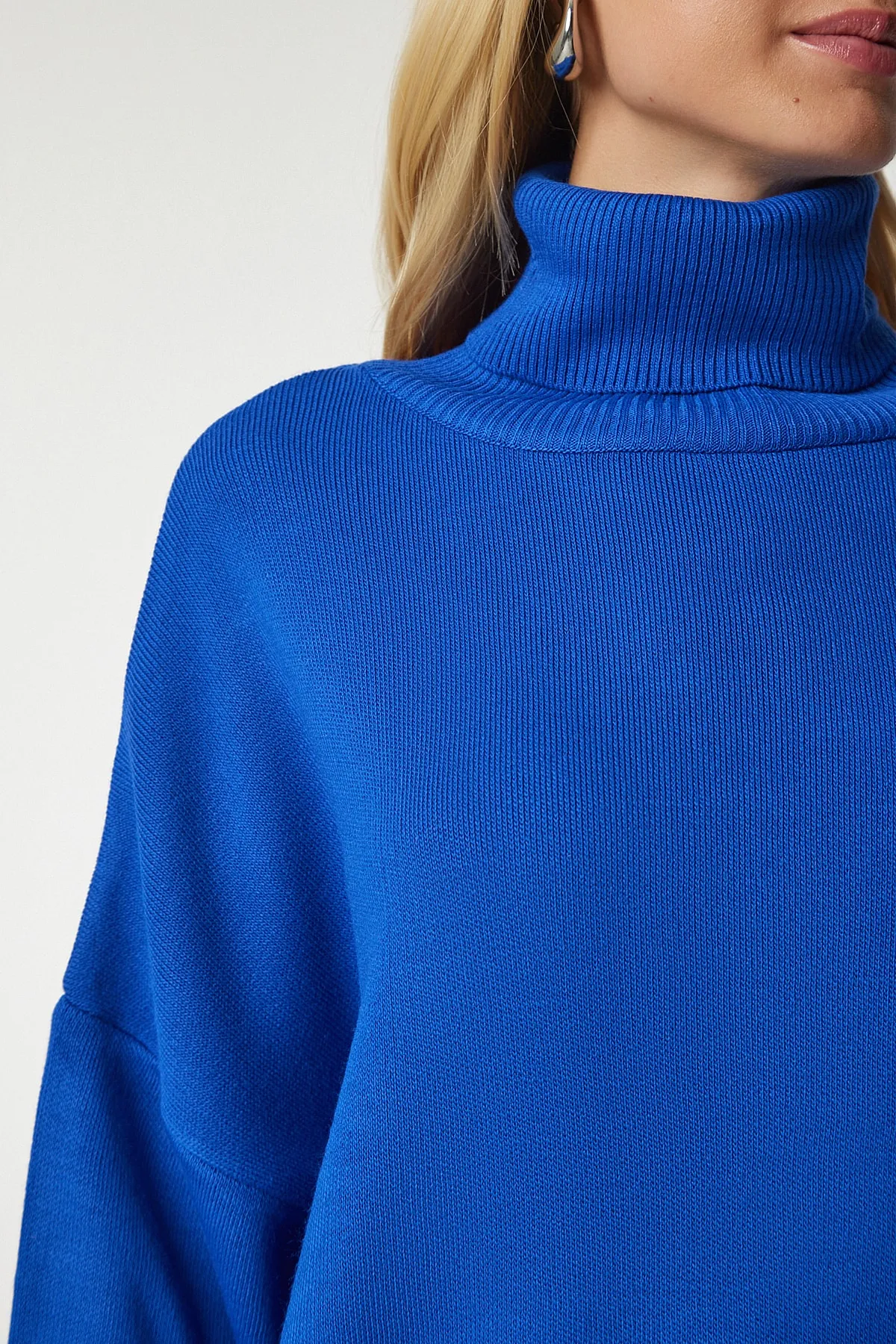 Happiness İstanbul  Blauer Rollkragenpullover in Übergröße für Damen BV00084