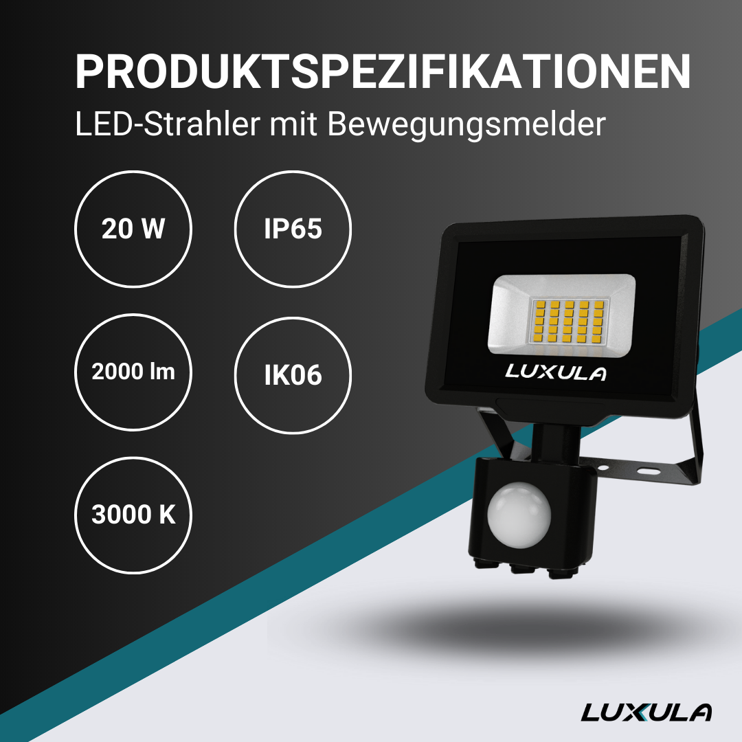 LUXULA LED-Fluter mit Bewegungsmelder, 20 W, 3000 K