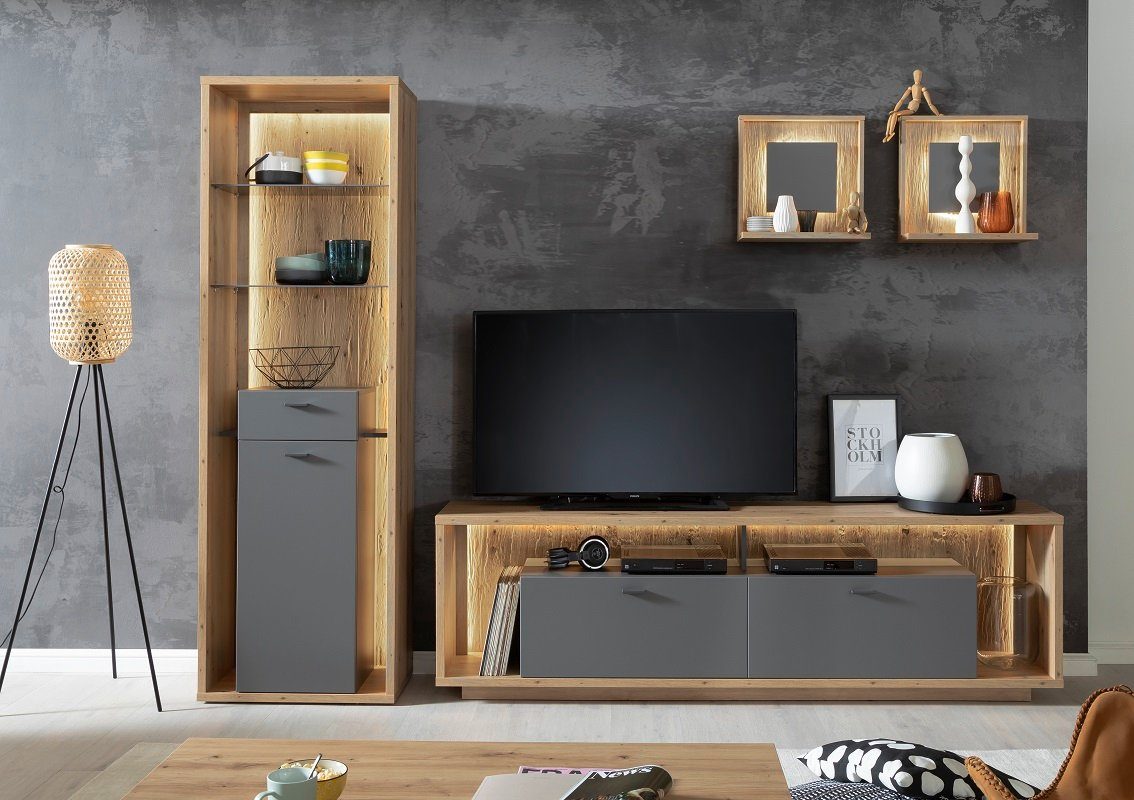 MCA furniture Wohnwand Wohnkombination 1 Lizzano, Balkeneiche / Royal Grey, 3-teilig, LED, (4-St)