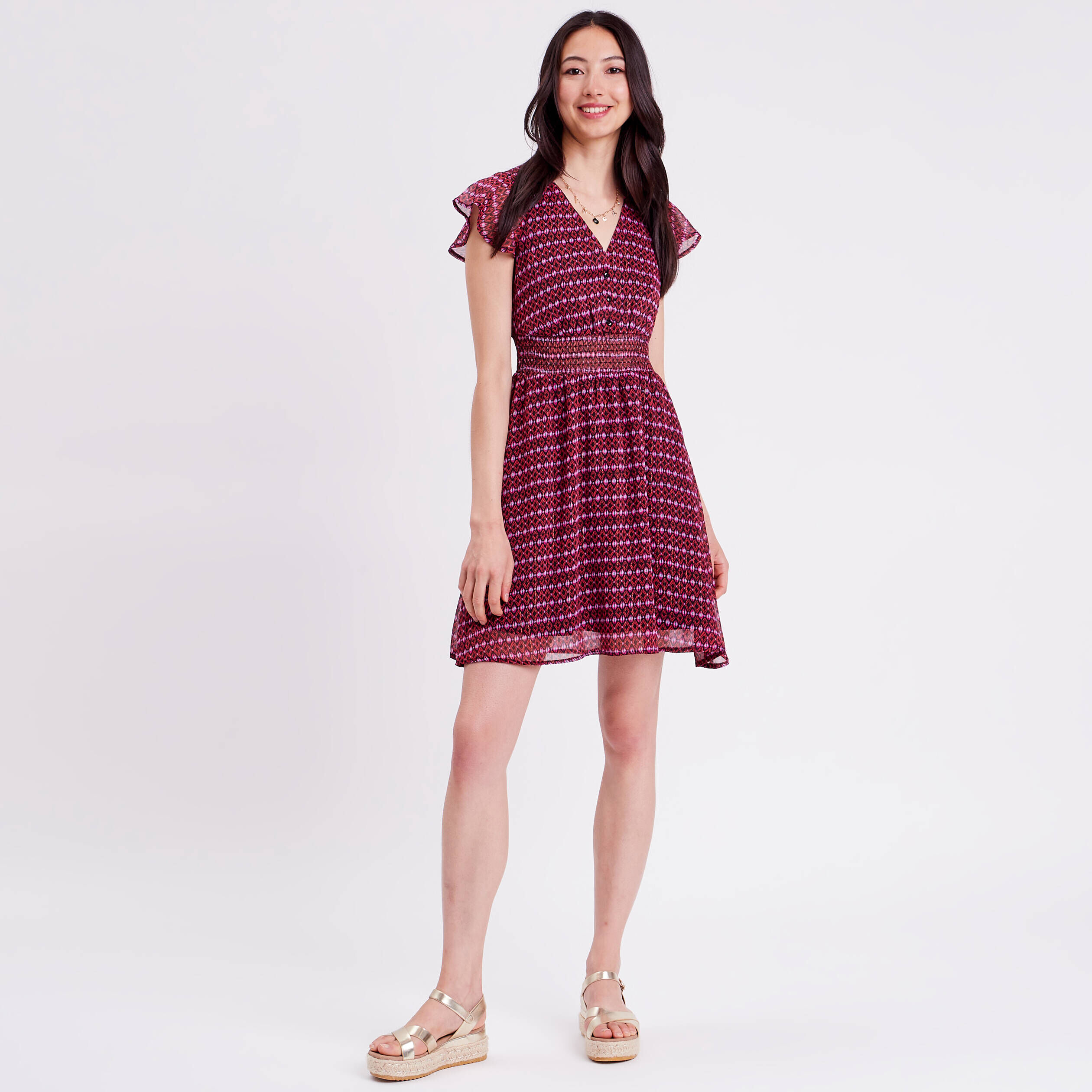 Robe évasée manches courtes rouge femme | Cache Cache