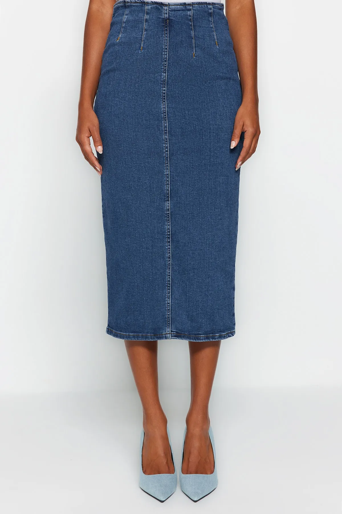 Trendyol Collection  Blauer Midi-Bleistift-Jeansrock mit Ziernähten TWOAW24ET00057