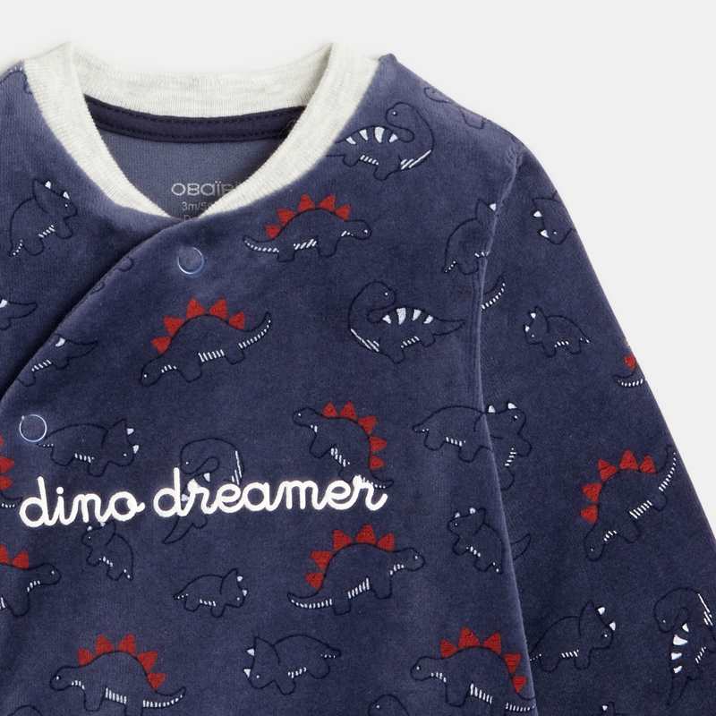 Dors-bien dinosaures en velours bleu bébé garçon