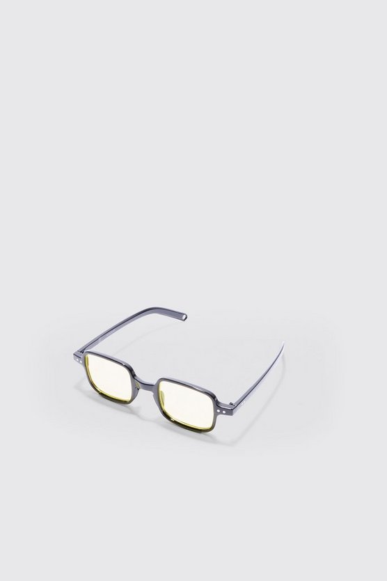 Eckige schwarze Sonnenbrille mit gelben Gläsern