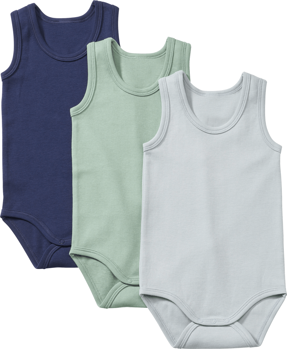 Bodys Ärmellos, grün + blau, Gr. 98/104, 3 St