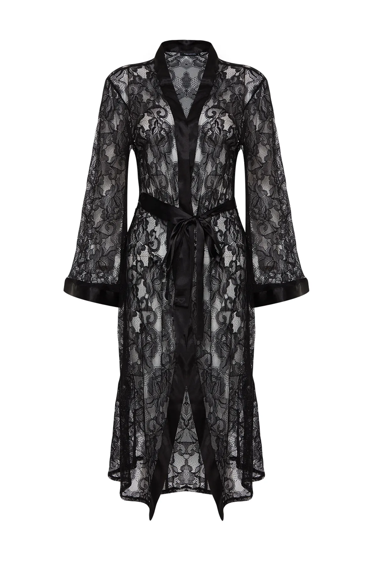 Trendyol Collection  Hochwertiger schwarzer Morgenmantel aus Strick mit Satinband und Spitzendetails THMAW24SB00011