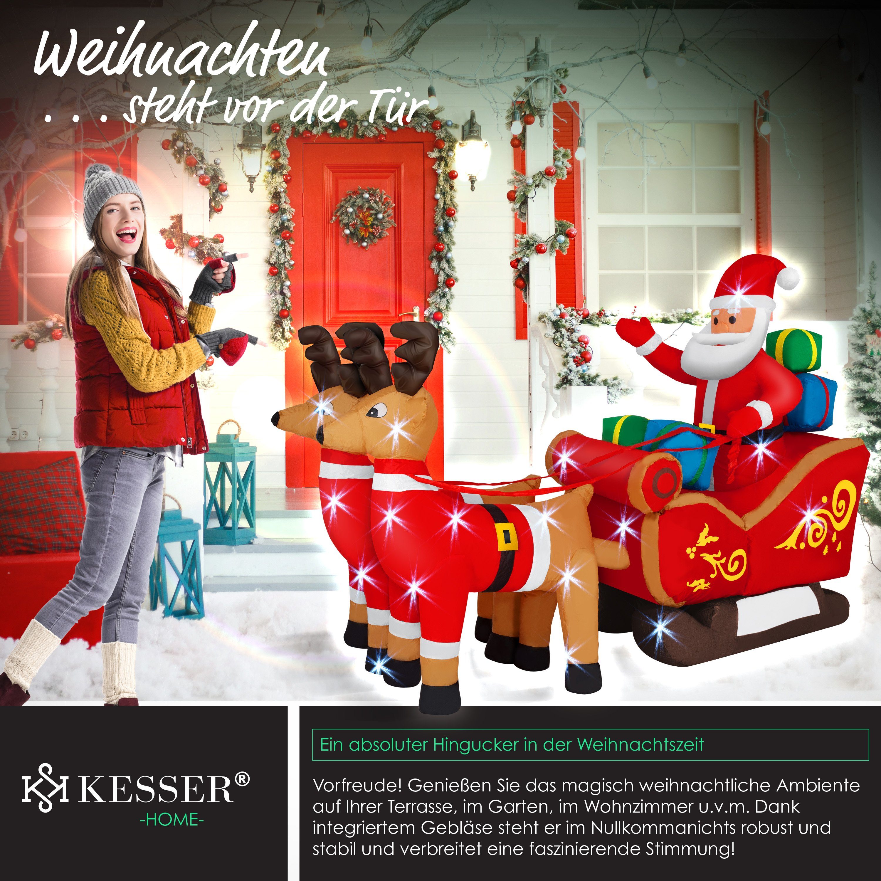 KESSER Weihnachtsfigur, Aufblasbarer Weihnachtsmann Schlitten XXL Nikolaus Rentier
