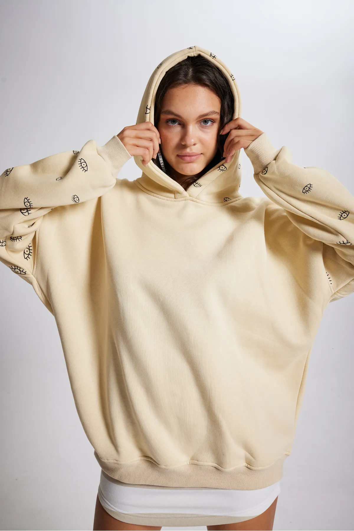 HOLLY LOLLY  Übergroße Kapuzen-Unisex-Augen-Sweatshirts Beige
