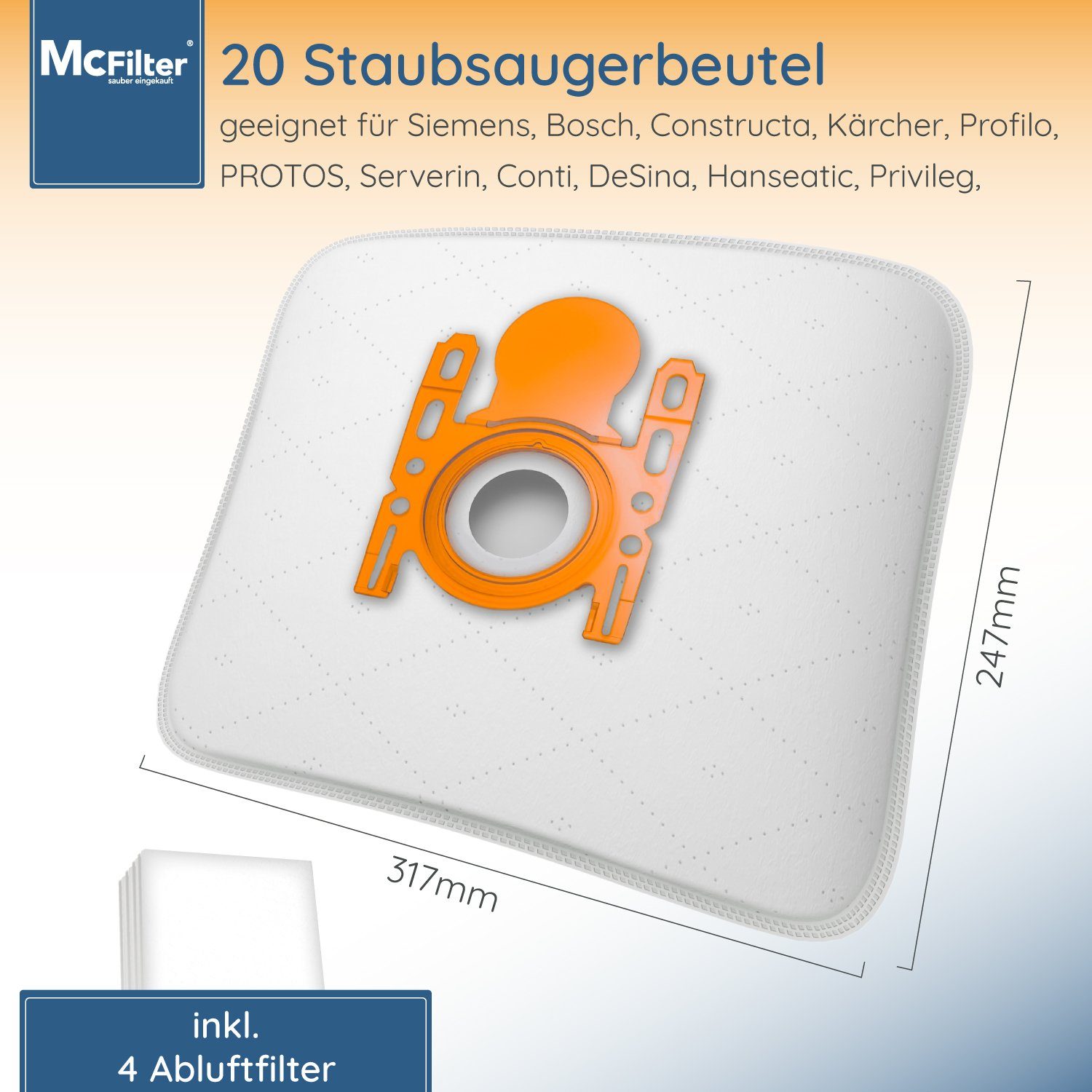 McFilter Staubsaugerbeutel, passend für Siemens VSP3T212 Staubsauger IQ 300, 20 St., 5-lagiger Staubbeutel mit Hygieneverschluss, inkl. Filter