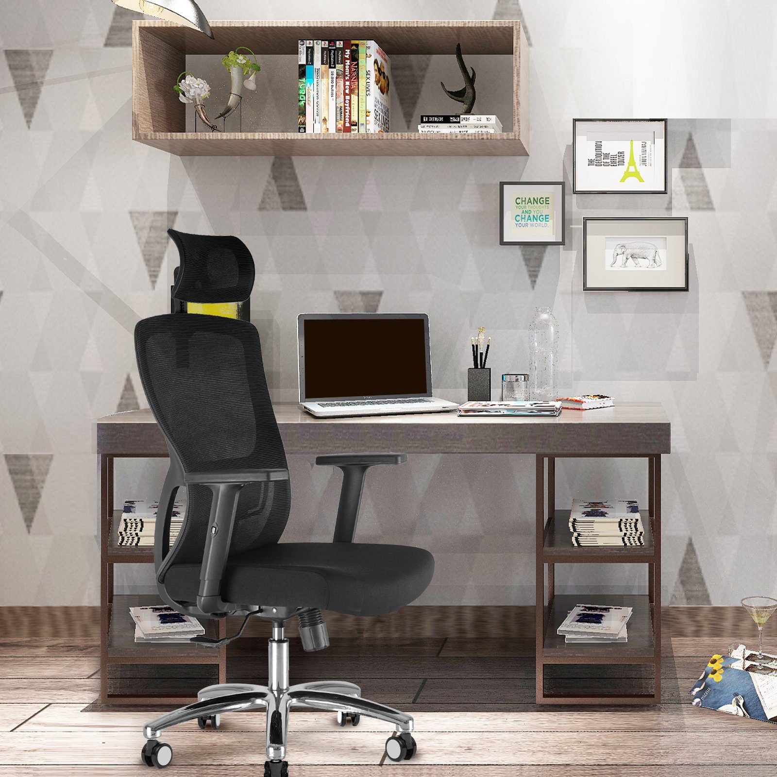 Durrafy Bürostuhl Bürostuhl Ergonomischer, Mesh Drehstuhl, Schreibtischstuhl,Chefsessel, mit Wippfunktion bis 120°, Bürostuhl 150KG