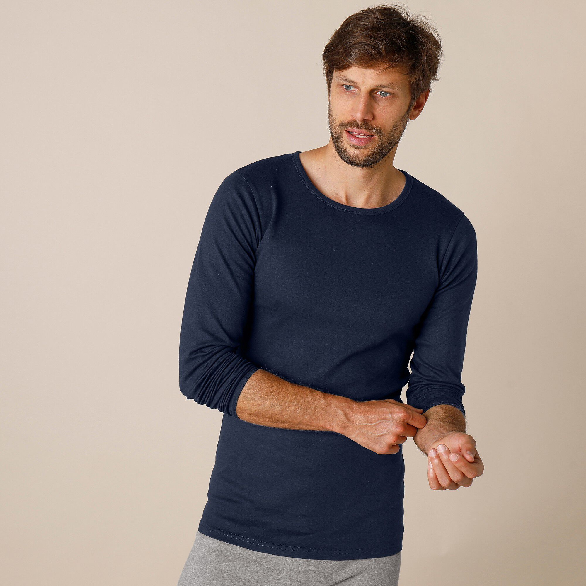 Tee-shirt sous-vêtement homme col rond manches longues dos long coton