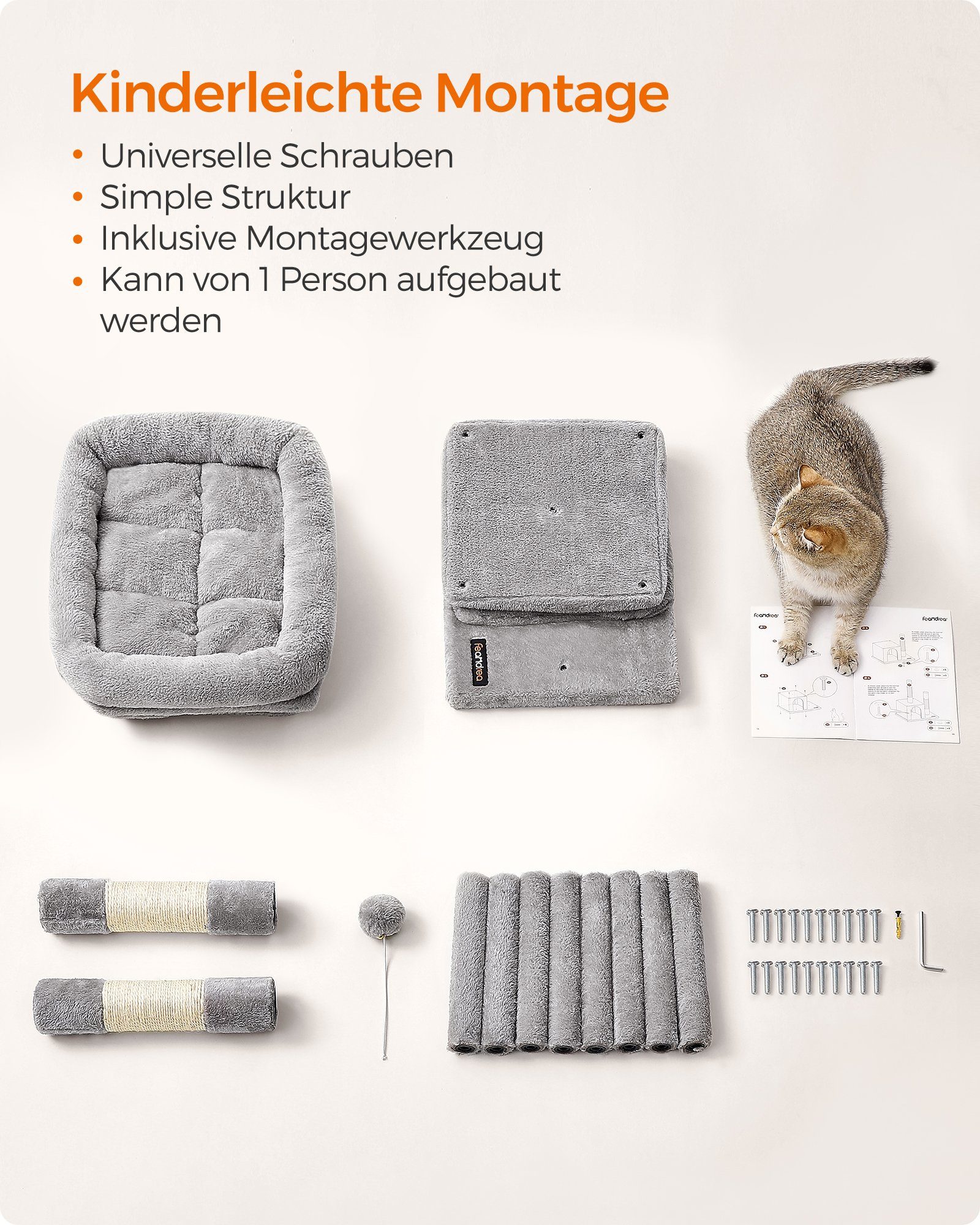 FEANDREA Kratzbaum, M/L Katzenbaum, mit 2 Häuschen, Sisalstämme, kompakt