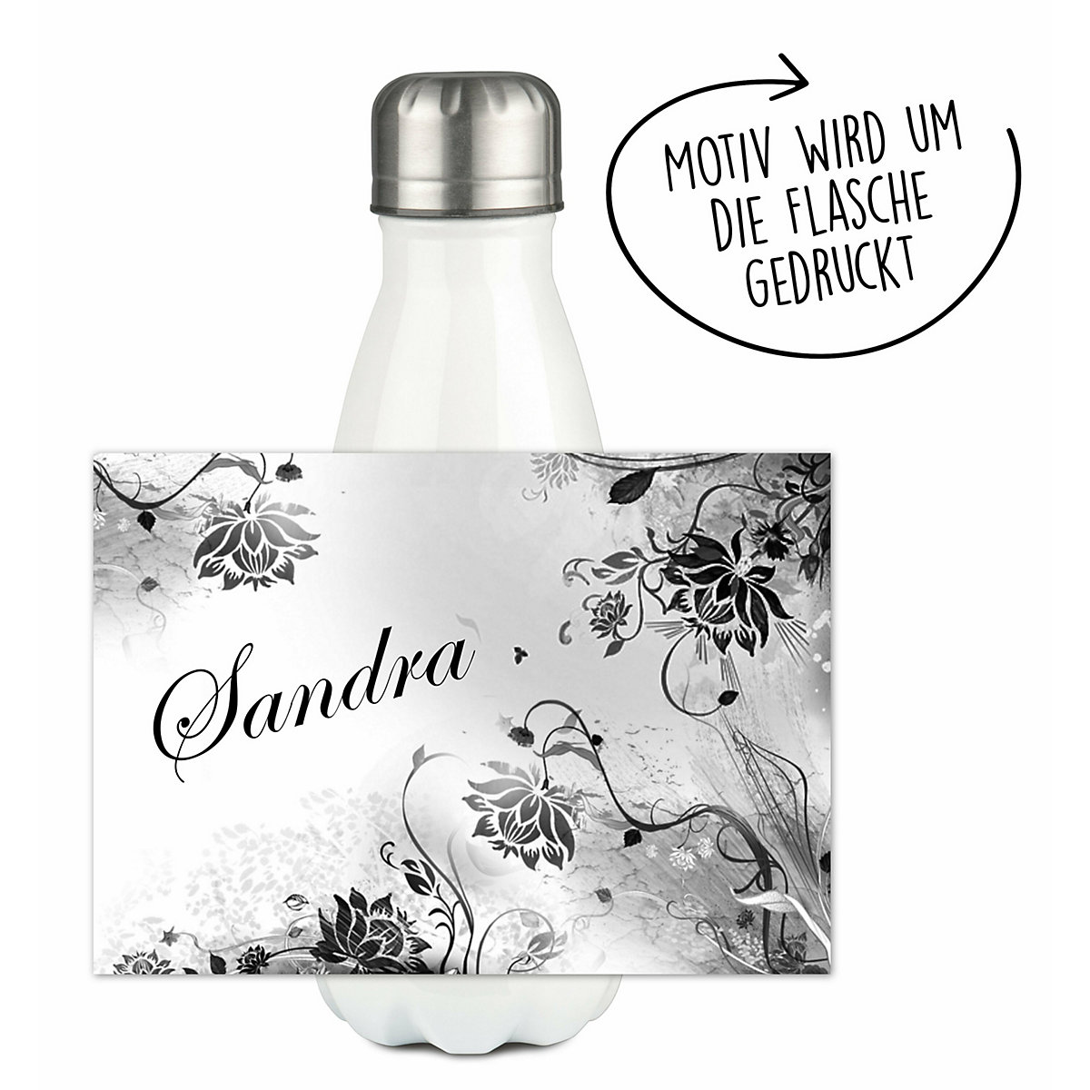Edelstahl Kinder Thermoflasche / Trinkflasche bunt Blumenranke Farbe schwarz weiß Spülmaschinenfest, Auslaufsicher, Bruchfest, Doppelwandig, Für Heißgetränke geeignet, Mit Deckel, Isoliert