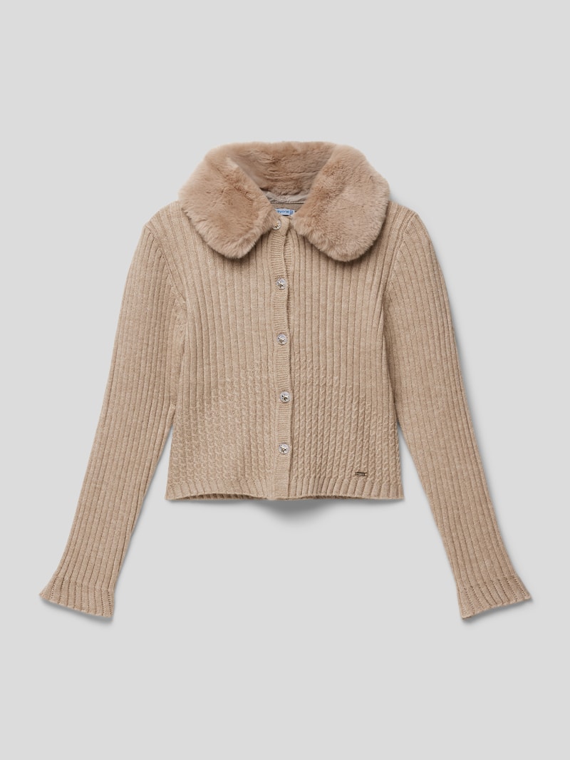 Strickjacke mit Kunstfellkragen in taupe