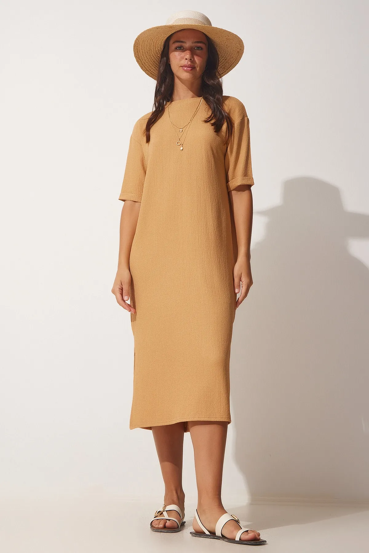 Happiness İstanbul  Biscuit Textured Daily Midi-Strickkleid für Damen LH00037