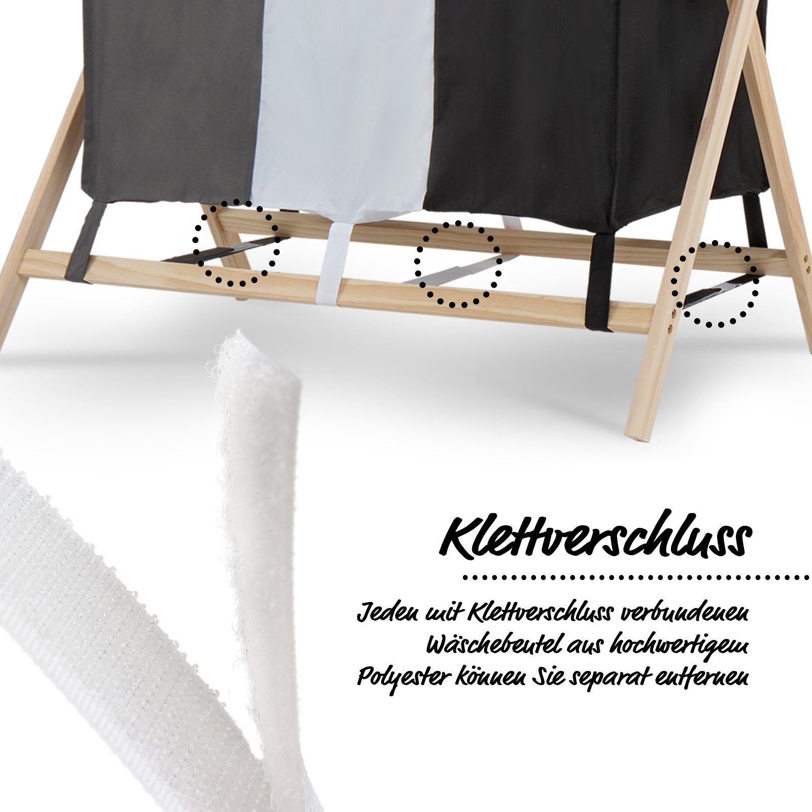 Jago Wäschesortierer - 3 Fächer Holz Wäschekorb Wäschebox Wäschesammler